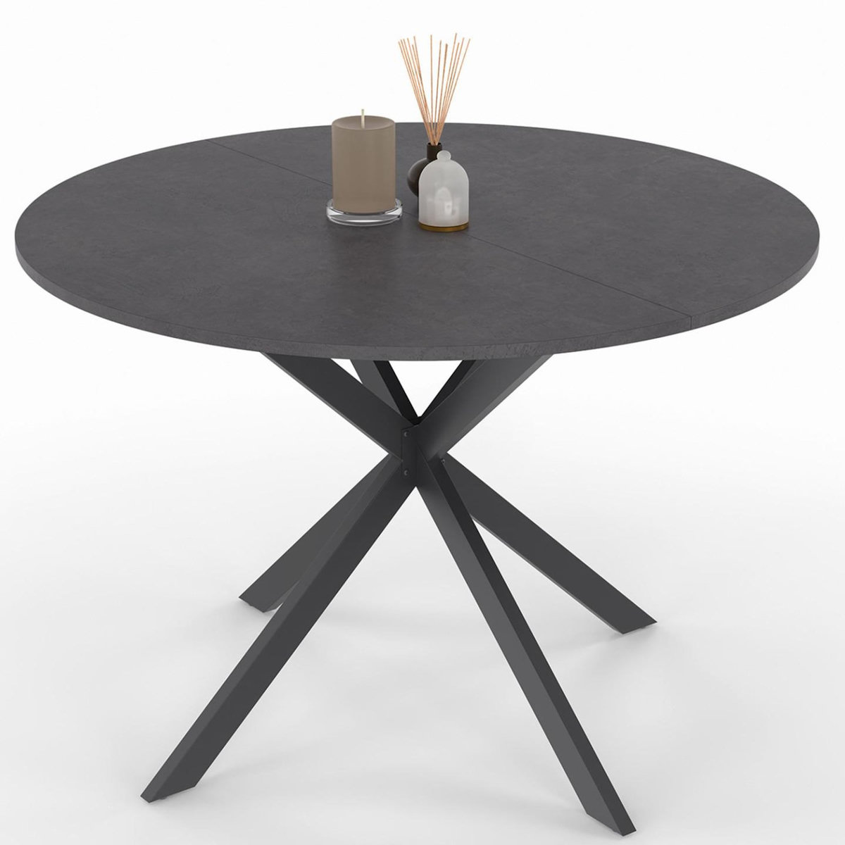 ID MARKET Table à manger ronde JASPE 6 personnes plateau effet béton pied araignée gris anthracite 110 cm