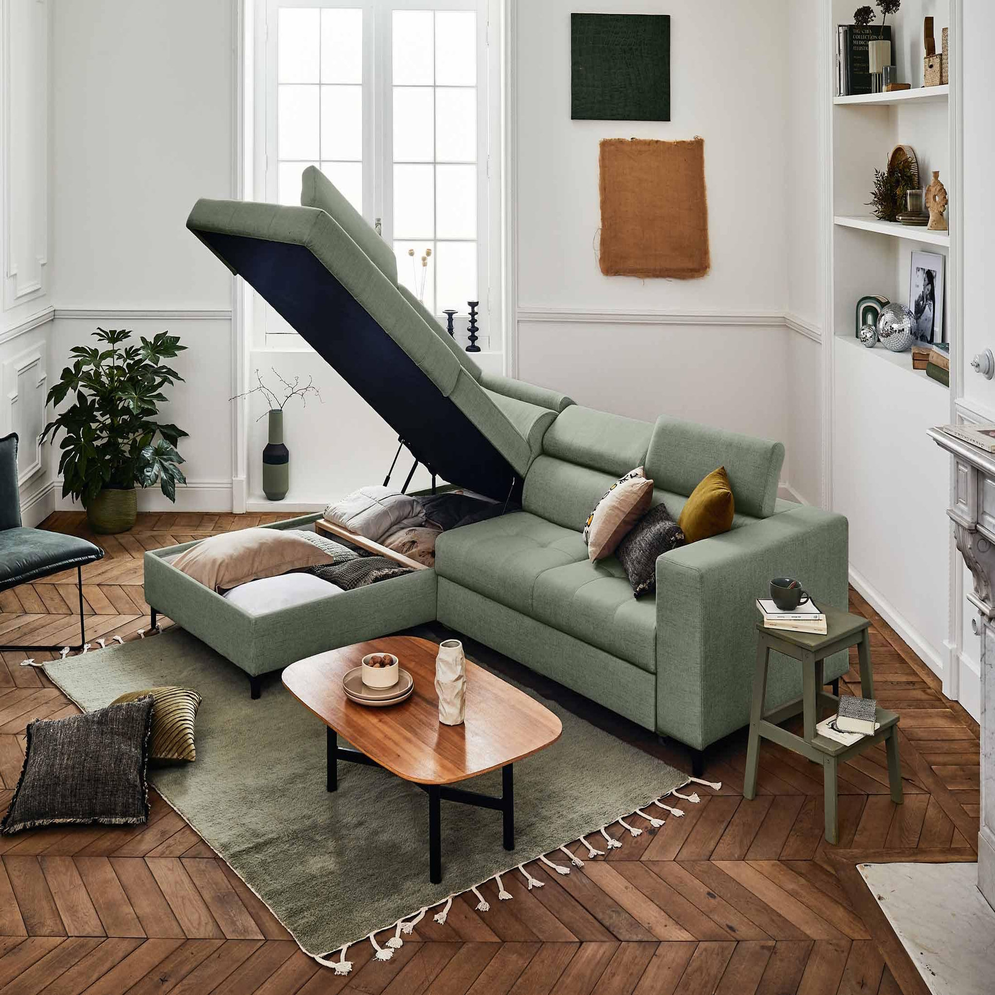 Voir la diapositive 3 : LISA DESIGN Olinda - canapé d'angle gauche - 5 places - convertible avec coffre et têtières réglables - en tissu