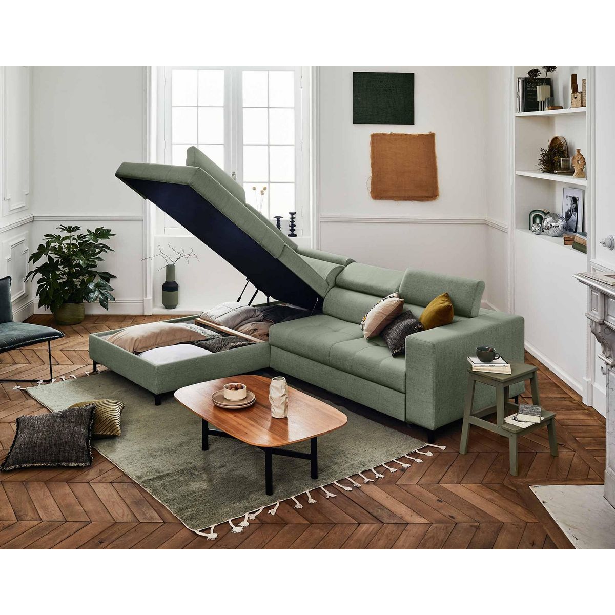 LISA DESIGN Olinda - canapé d'angle gauche - 5 places - convertible avec coffre et têtières réglables - en tissu