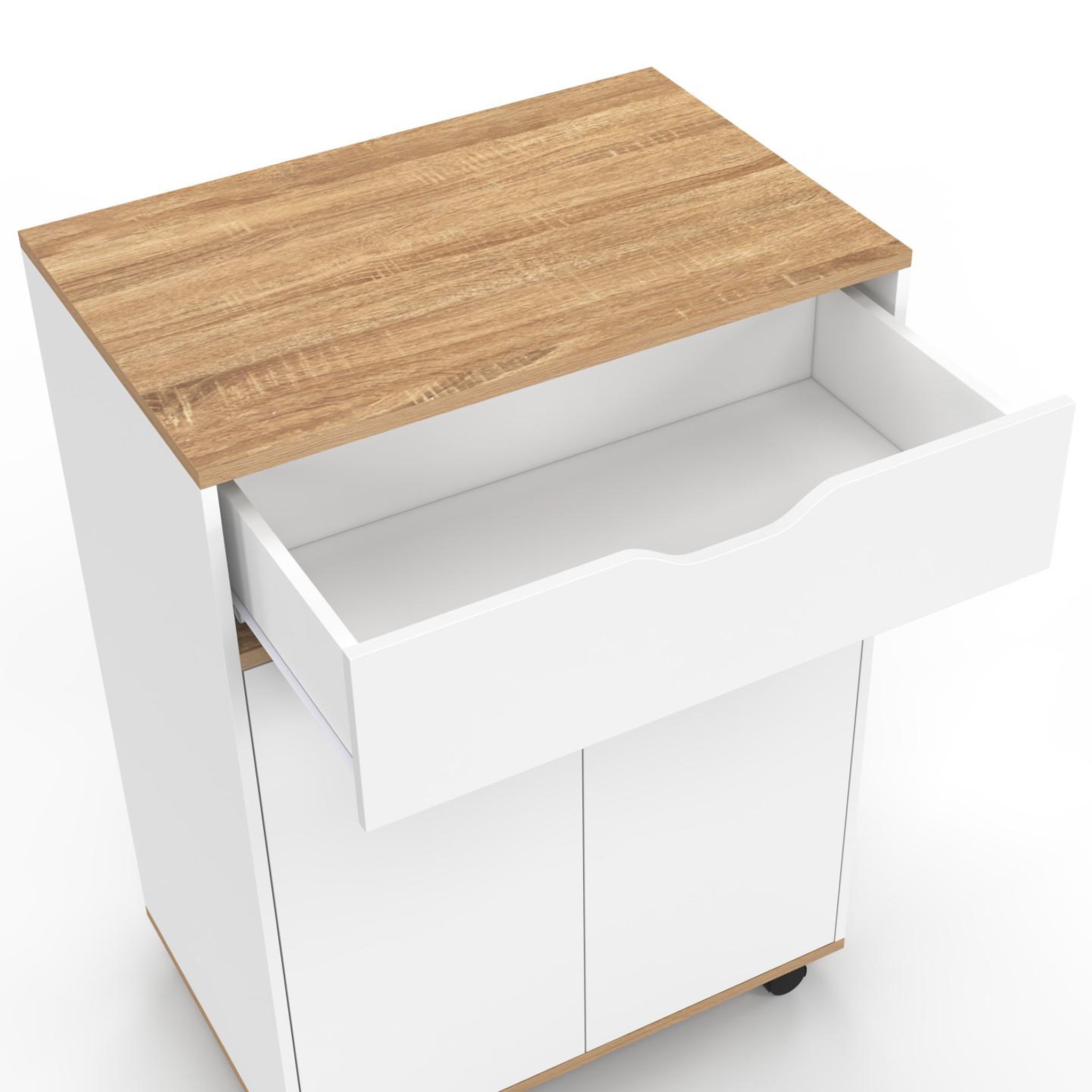 Voir la diapositive 6 : ID MARKET Desserte de cuisine cosy placard avec tiroir bois blanc et plateaux façon hêtre l.60 cm