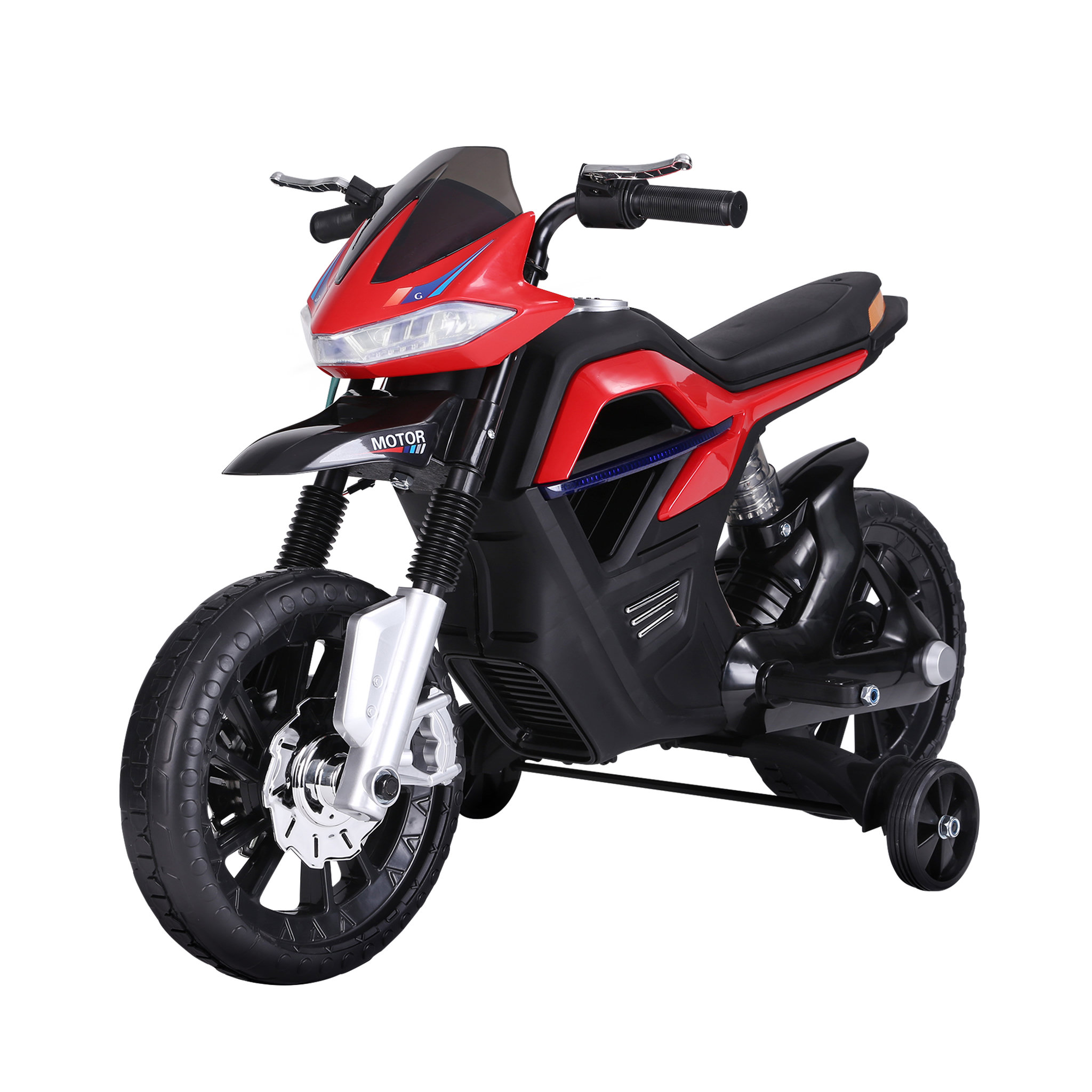 Voir la diapositive 1 : HOMCOM Moto électrique pour enfants 25 W 6 V 3 Km/h effets lumineux et sonores roulettes amovibles rouge
