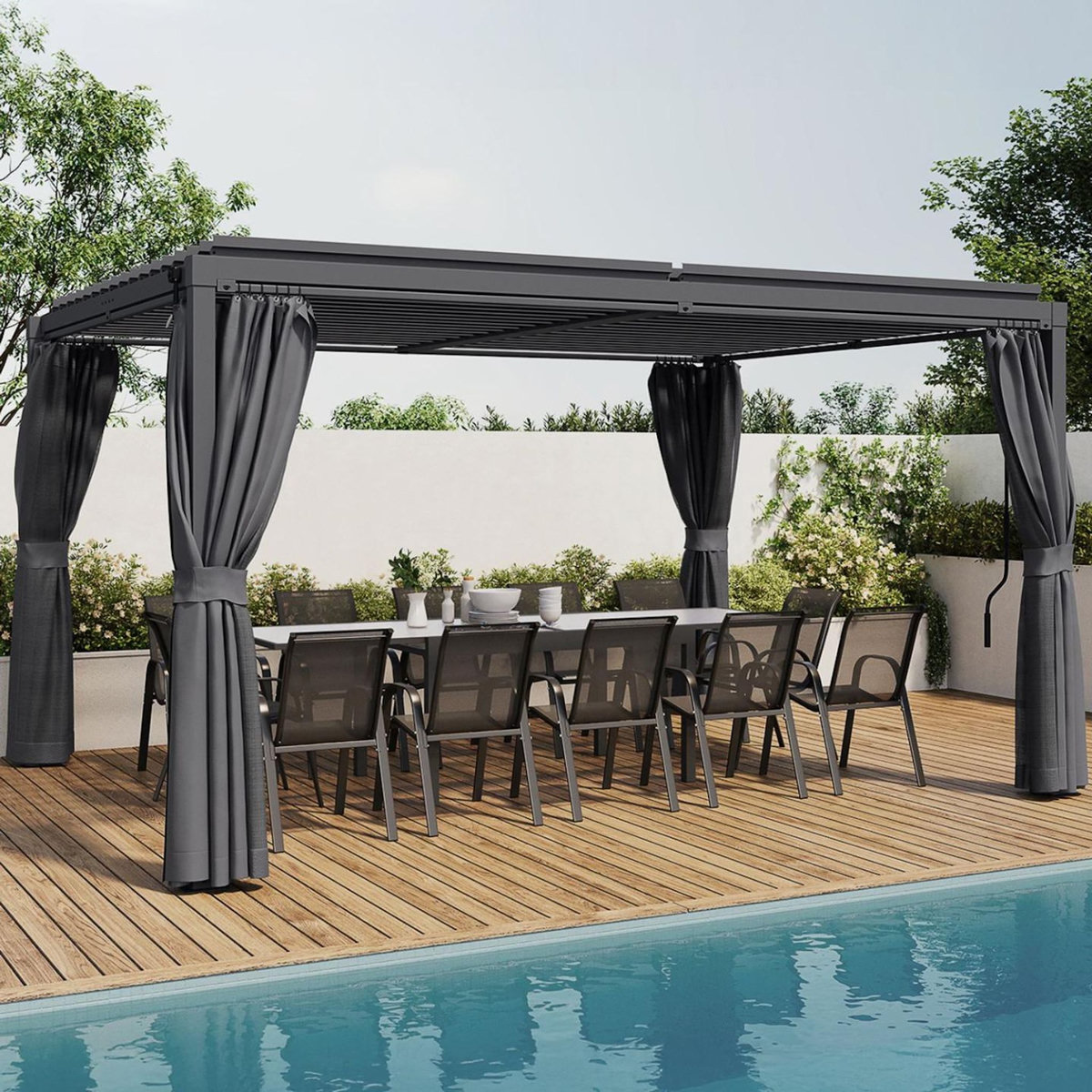 ID MARKET Pergola bioclimatique lames orientables acier 3x4 M rideaux et moustiquaire gris anthracite