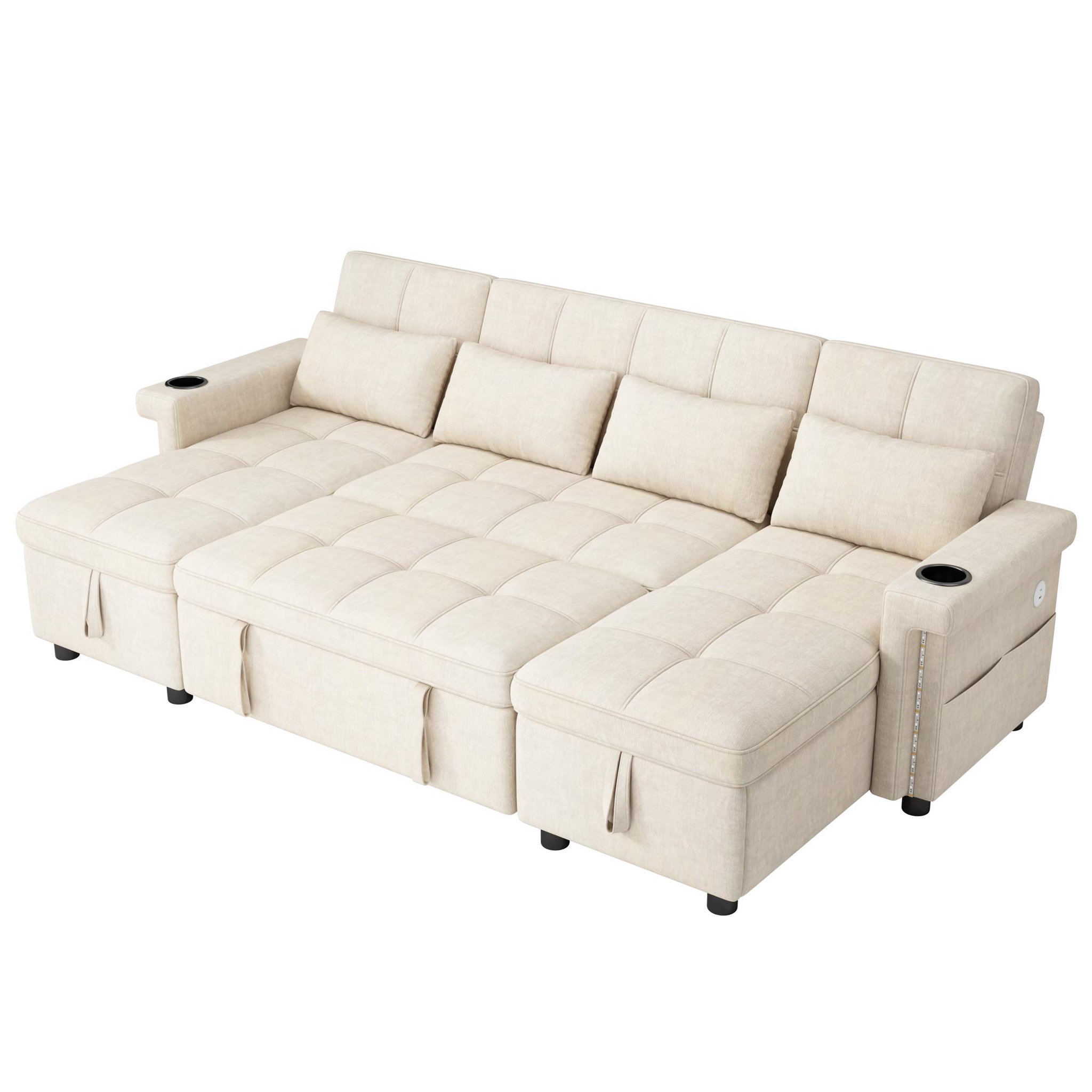 Voir la diapositive 1 : MERAX Canapé d'angle u convertible 4 places avec dossier réglable led usb type-c tissu chenille
