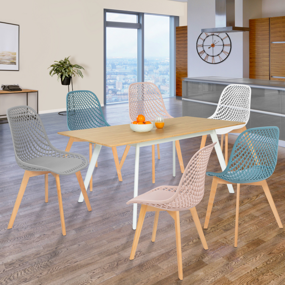 ID MARKET Lot de 6 chaises MANDY mix color pastel rose, blanc, gris clair x2, bleu x2