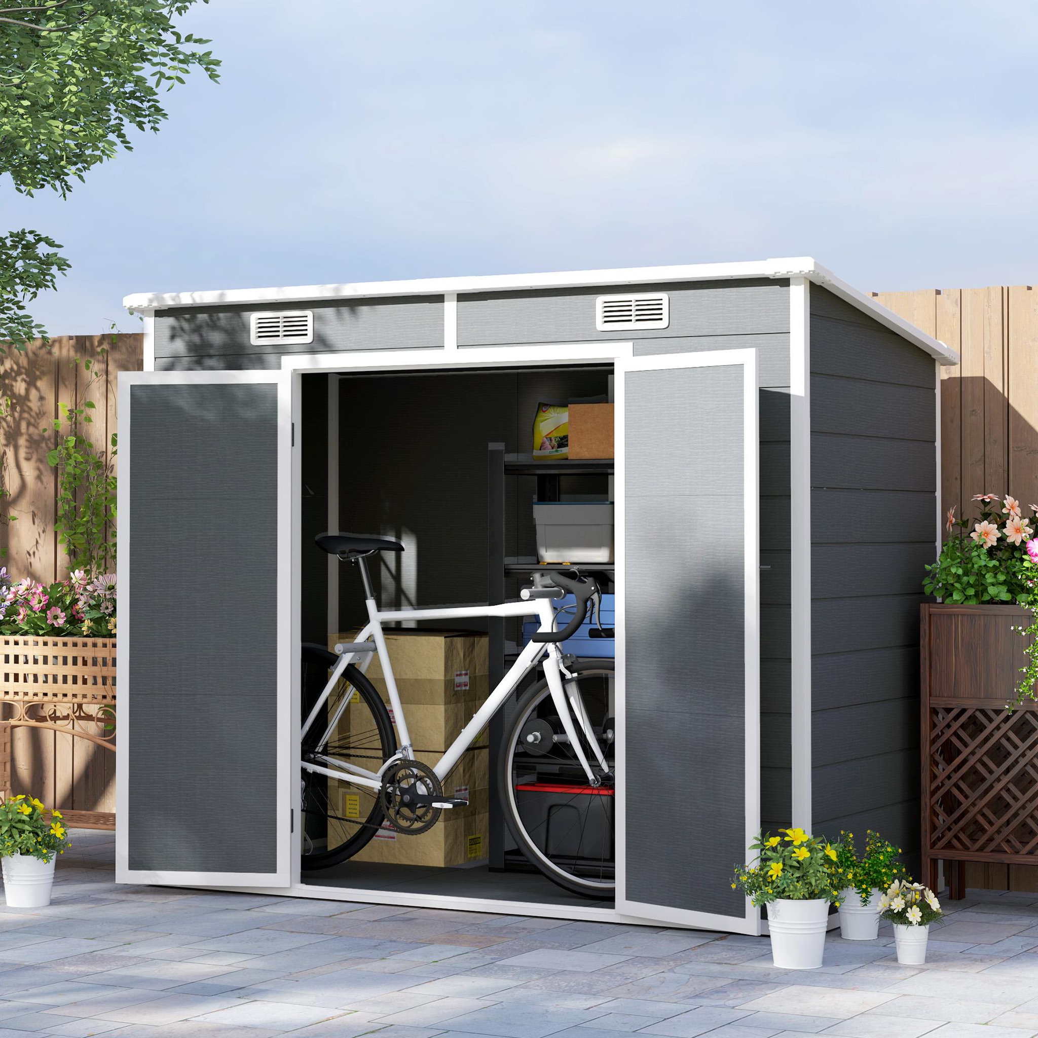 Voir la diapositive 2 : OUTSUNNY Abri de jardin 2,54 m² dim. 2,4 x 1,3 m - fondation incluse - fenêtre, 2 portes, aérations - alu PP gris blanc
