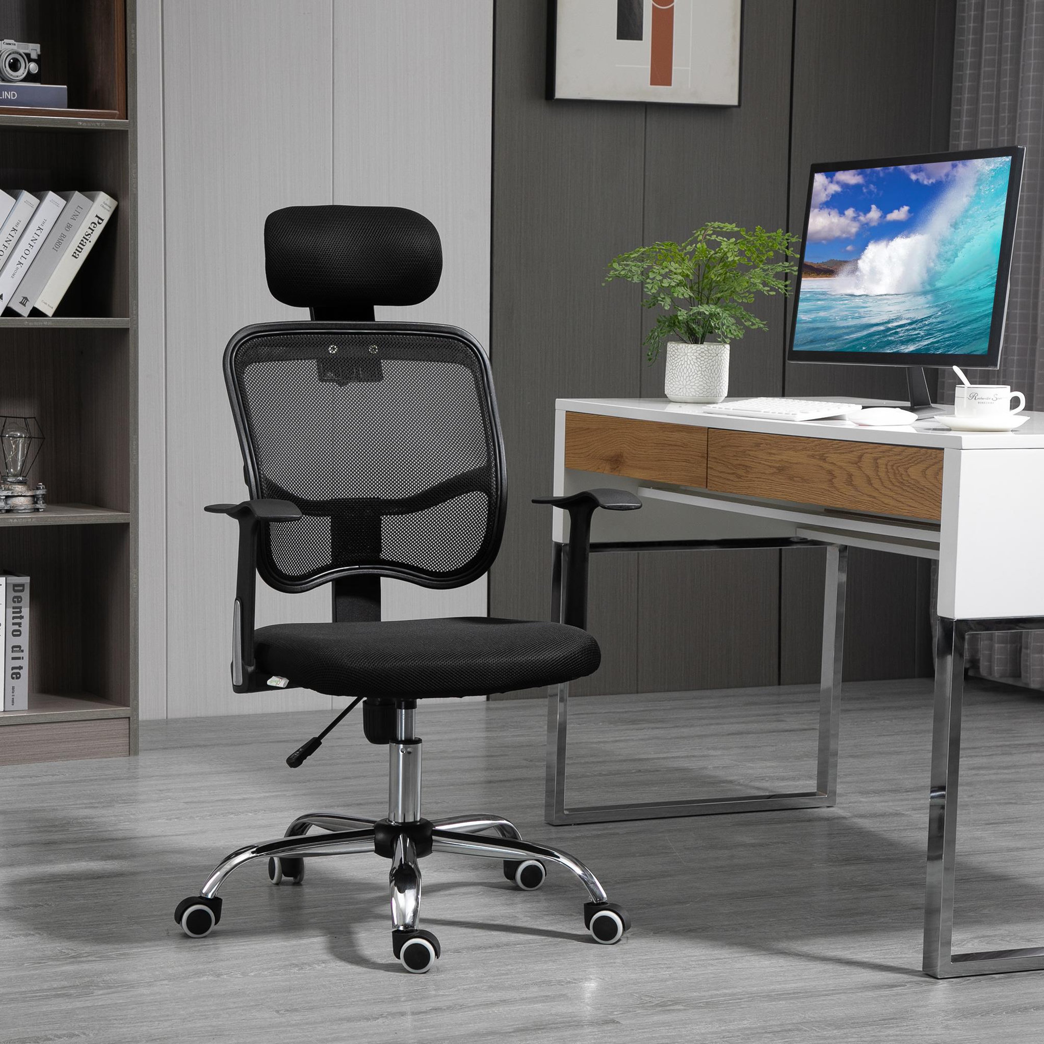 Voir la diapositive 2 : VINSETTO Vinsetto Fauteuil de bureau manager grand confort chaise de bureau réglable dossier inclinable piètement chromé tissu maille polyester noir