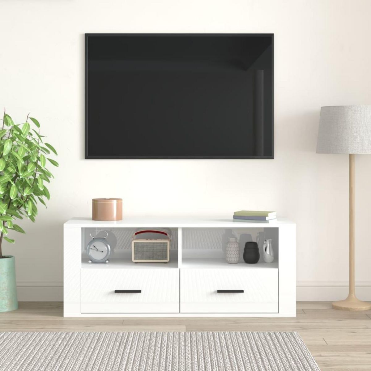 VIDAXL Meuble TV Blanc brillant 100x35x40 cm Bois d'ingenierie