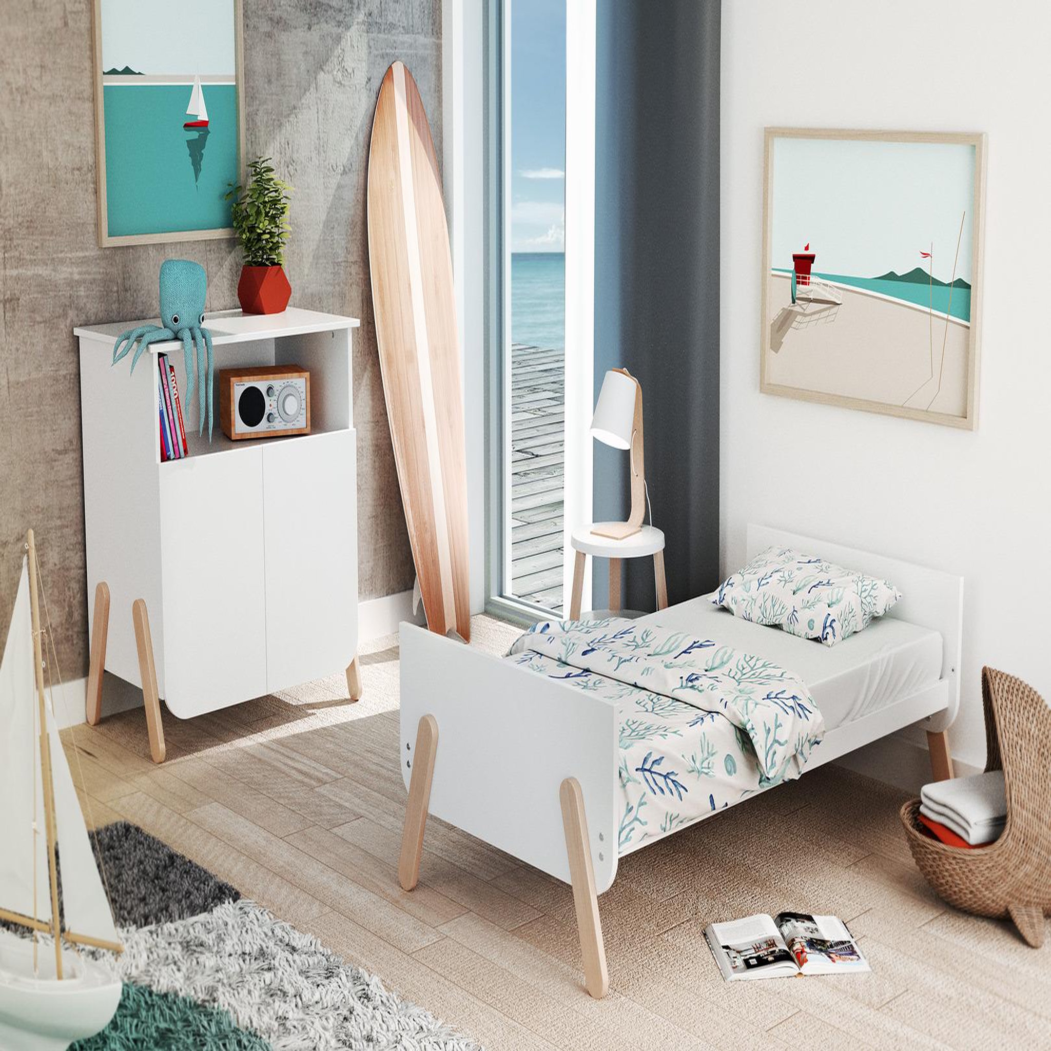 Voir la diapositive 3 : AT4 Chambre bébé lit, commode à langer et armoire blanc et hêtre verni