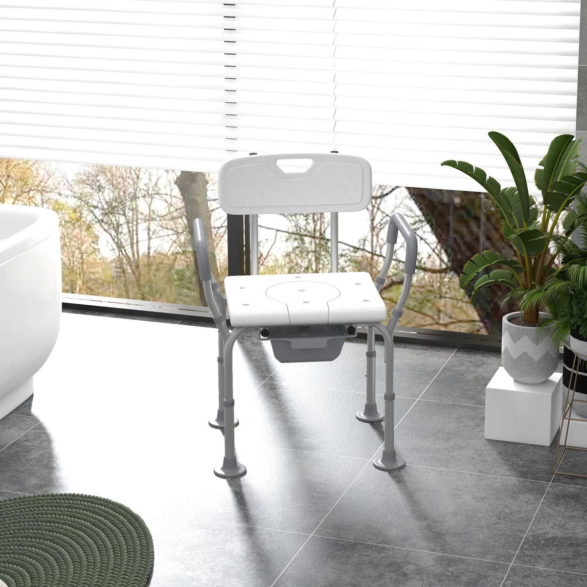 HOMCOM Chaise de douche chaise percée 2 en 1 - hauteur réglable, antidépante - seau de toilette, accoudoirs - alu HDPE blanc