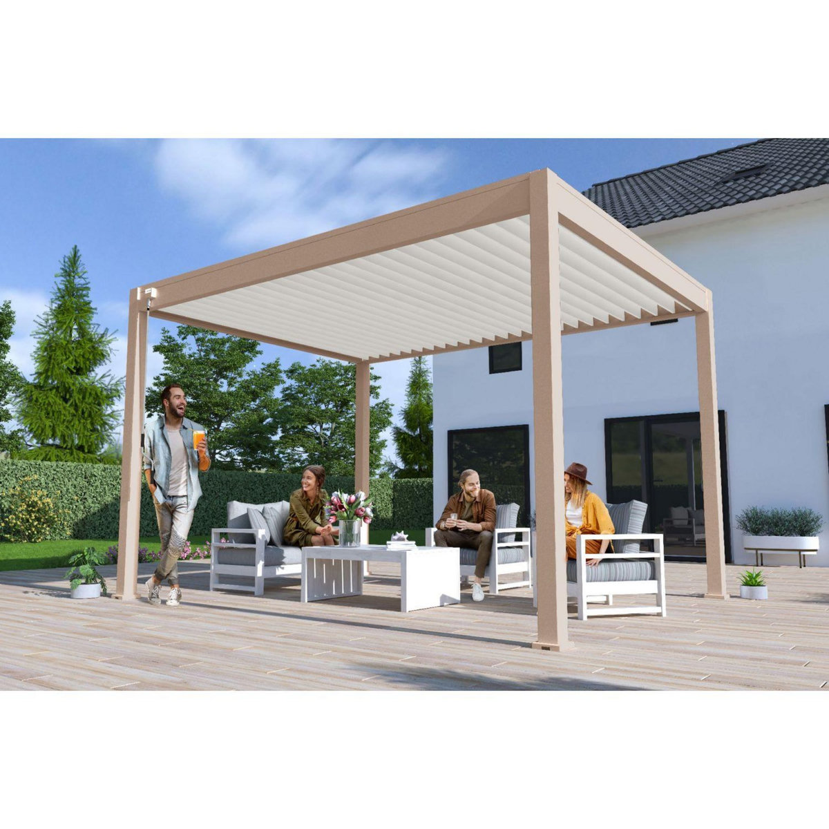 Pergola Bioclimatique autoportée 3X4 m - Aluminium - Beige agate/blanc -  VS OmBREA®