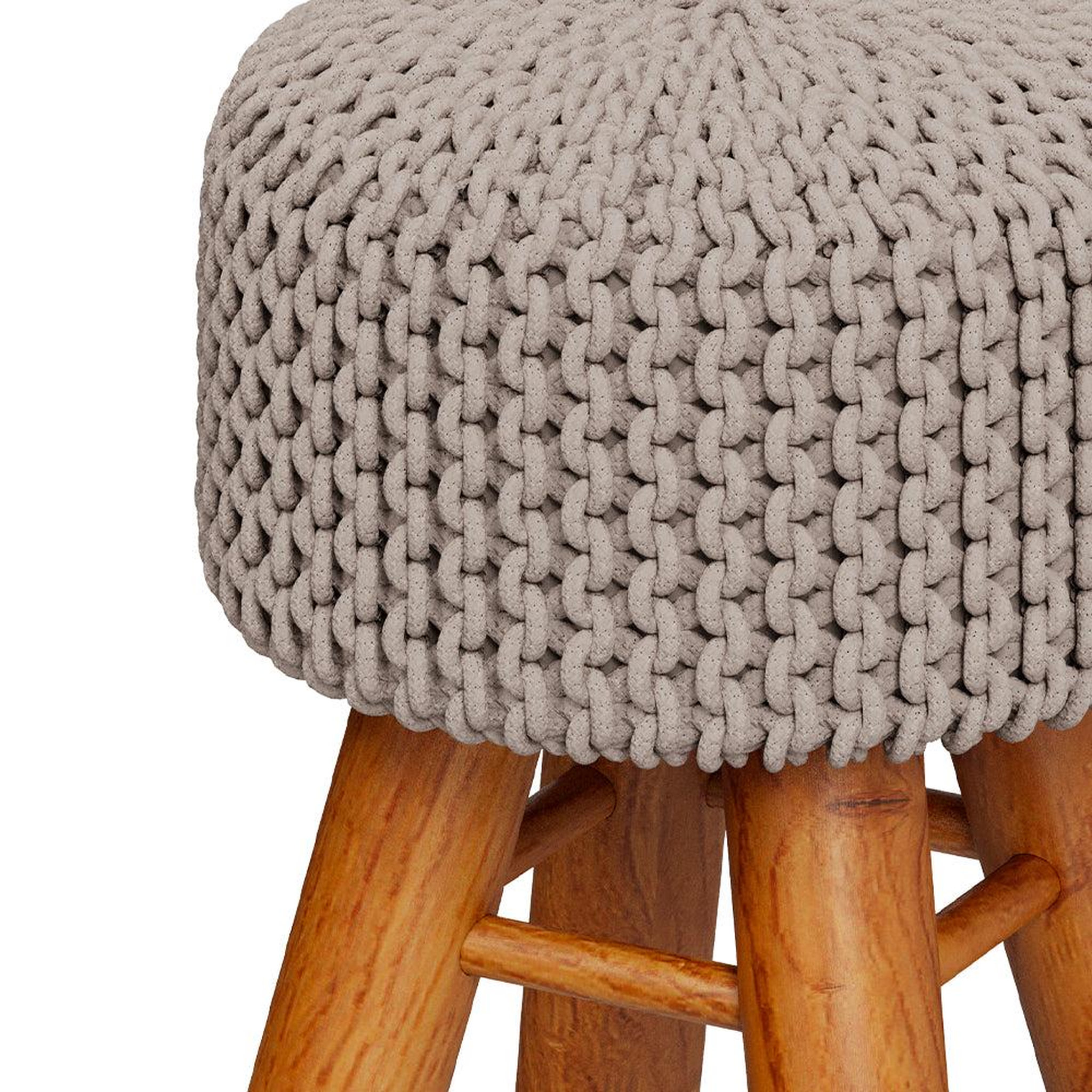 Voir la diapositive 5 : MAISON PAVANE Petit tabouret rond en tricot coton gris clair et pieds en bois-lisa