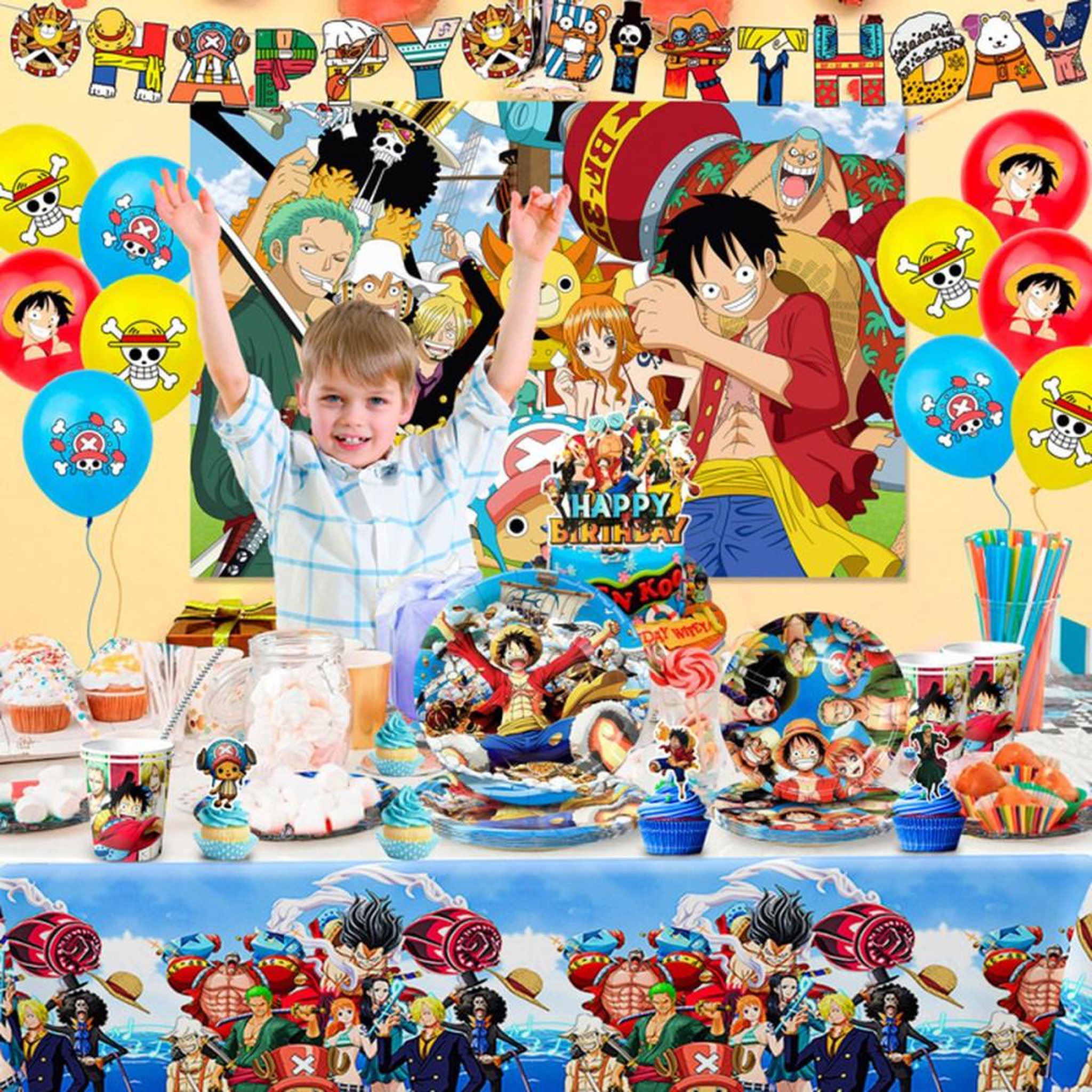 Voir la diapositive 4 : Set de décoration anniversaire Pirate One Piece pour enfants, 15 fanions, 1 fond imprimé, 12 ballons, assiettes, serviettes, couverts et toppers