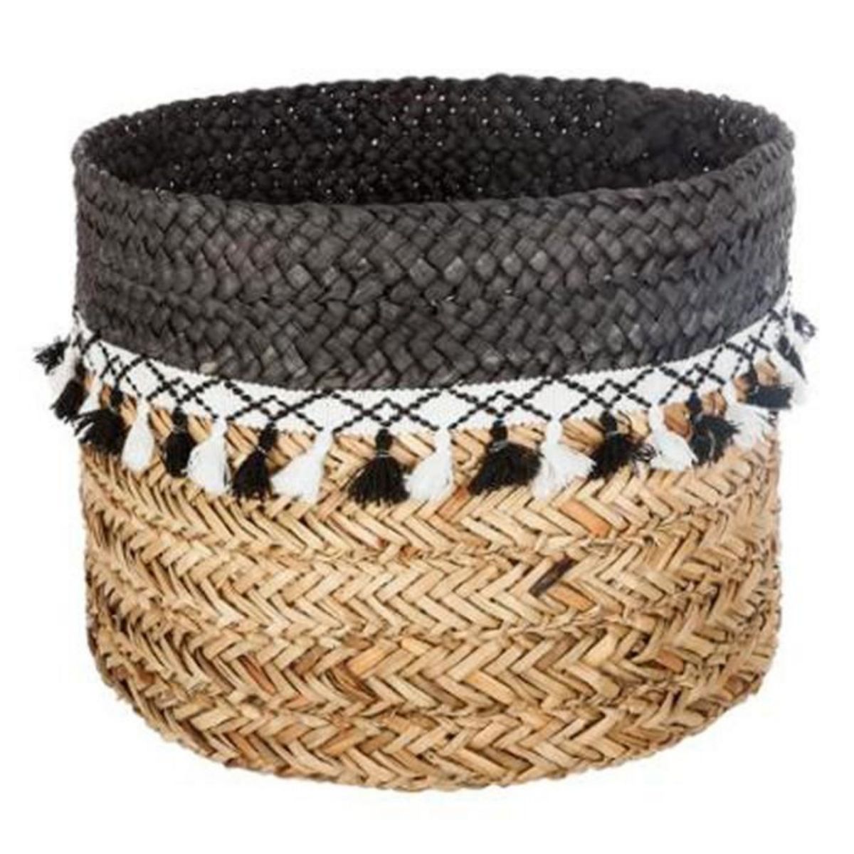 ATMOSPHERA Lot de 3 Paniers en roseau à pompons - Noir et Blanc