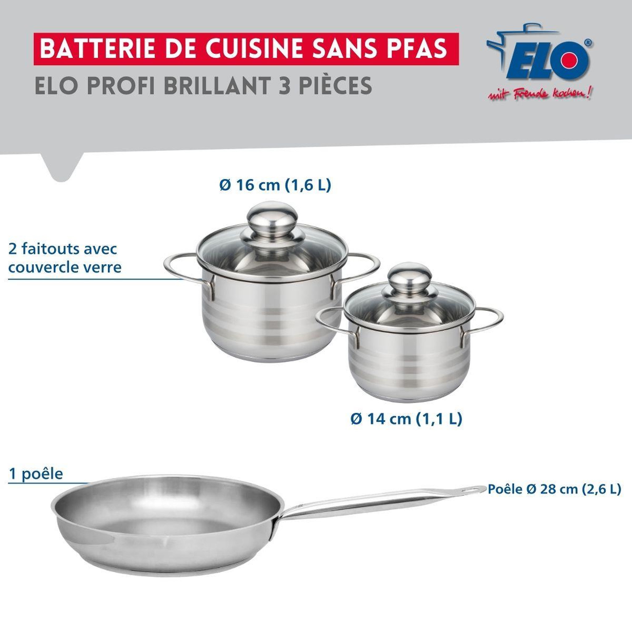 Voir la diapositive 2 : ELO Ensemble de 1 poêle de cuisson 28 cm et 2 faitouts 14 et 16 cm elo profi brillant