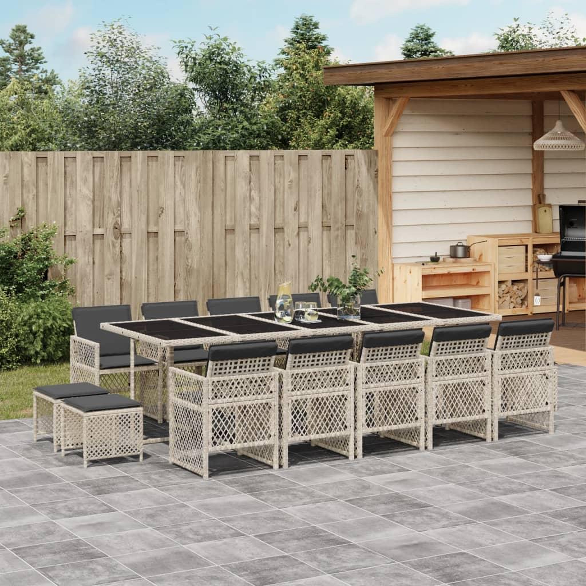 VIDAXL Ensemble a manger de jardin et coussins 15 pcs gris clair rotin