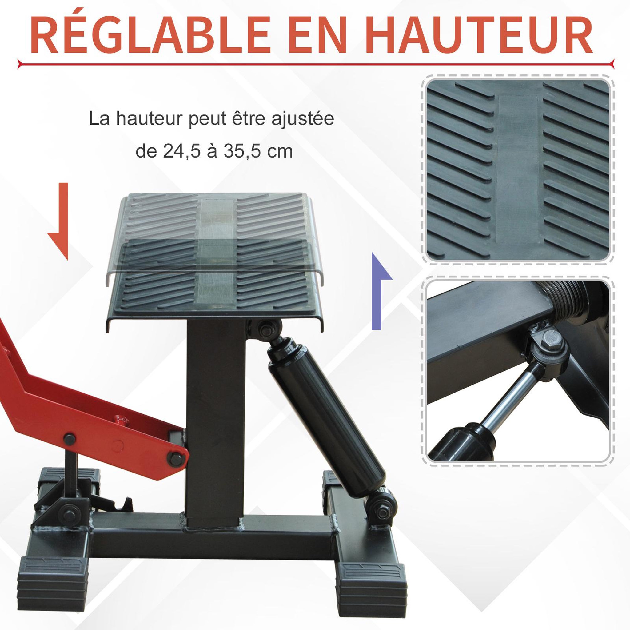 Voir la diapositive 4 : HOMCOM Lève moto béquille d'atelier stand moto tout-terrain moto cross supermotard hauteur réglable acier noir rouge