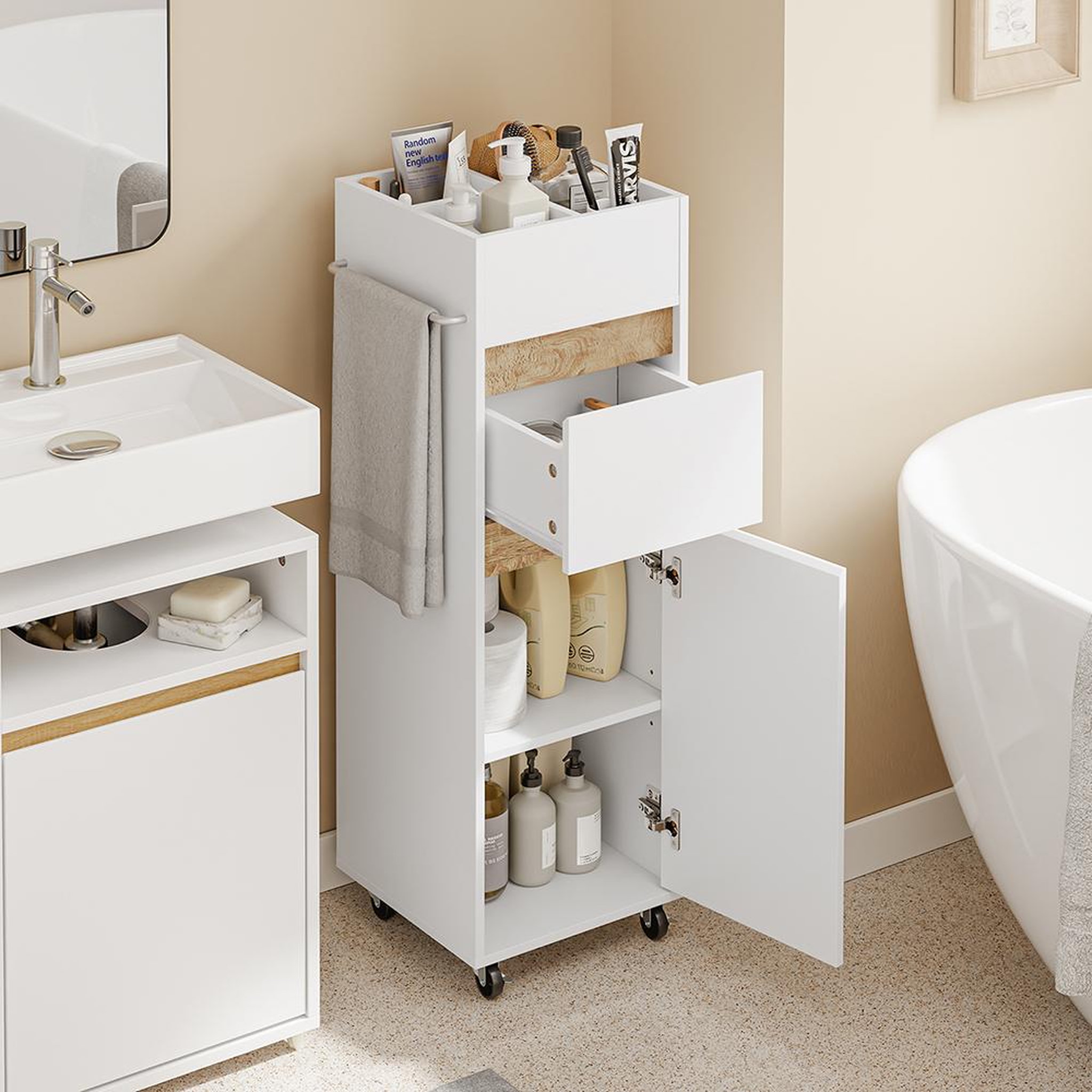 Voir la diapositive 4 : SOBUY Meuble de rangement étroit blanc avec tiroir et porte 33x30x91,5 cm BZR225-WN