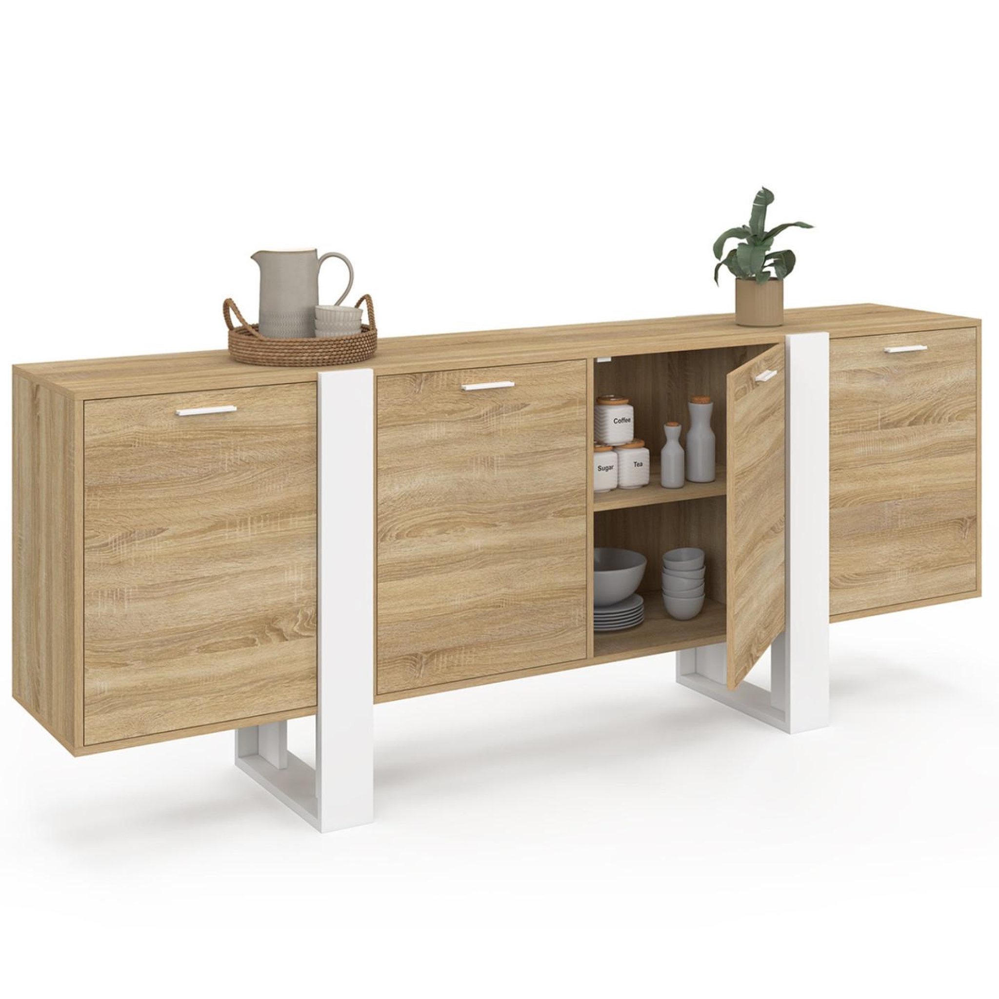 Voir la diapositive 4 : ID MARKET Buffet enfilade 200 cm phoenix xxl 4 portes bois et blanc