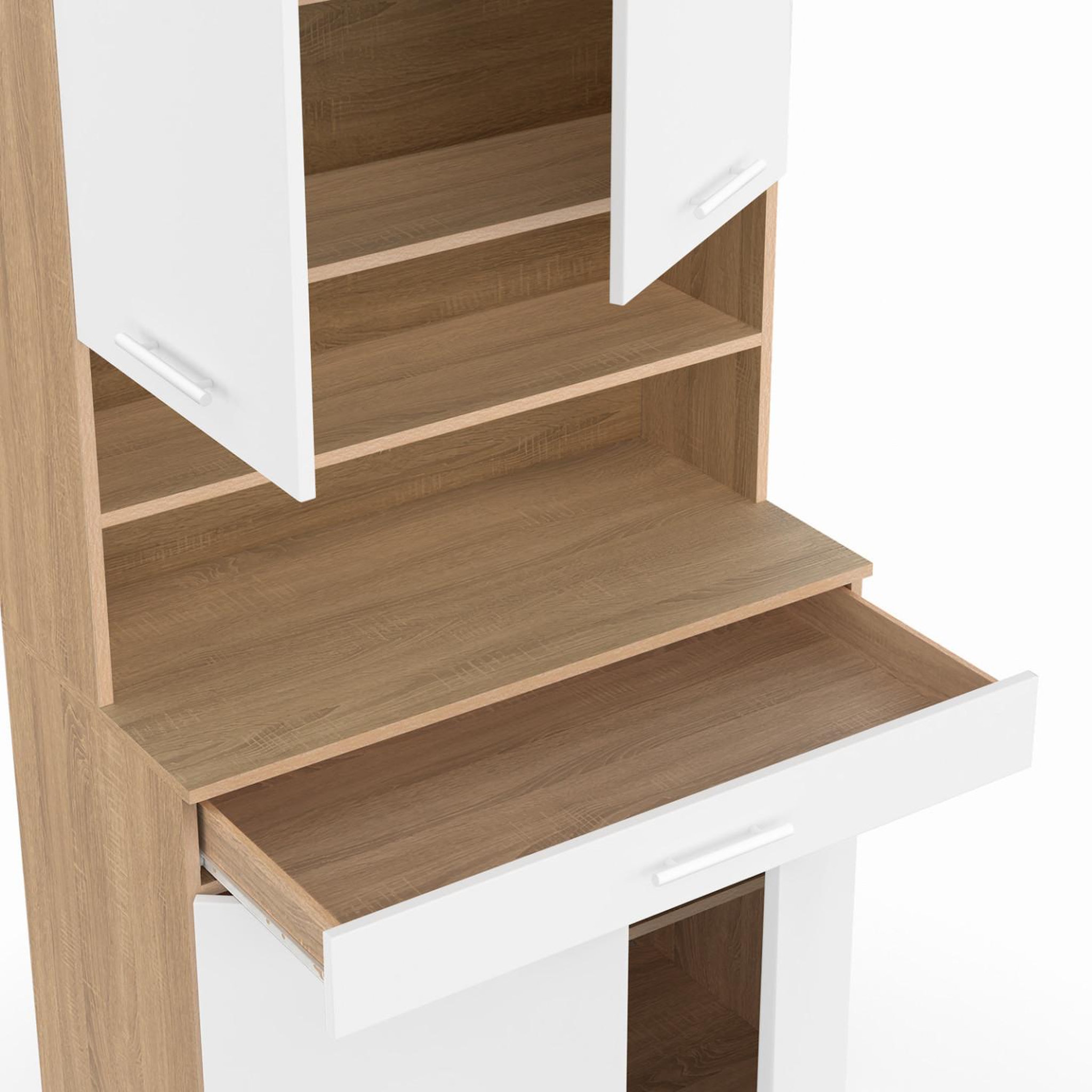 Voir la diapositive 6 : ID MARKET Buffet de cuisine 80 cm cina 4 portes + tiroir façon hêtre et blanc