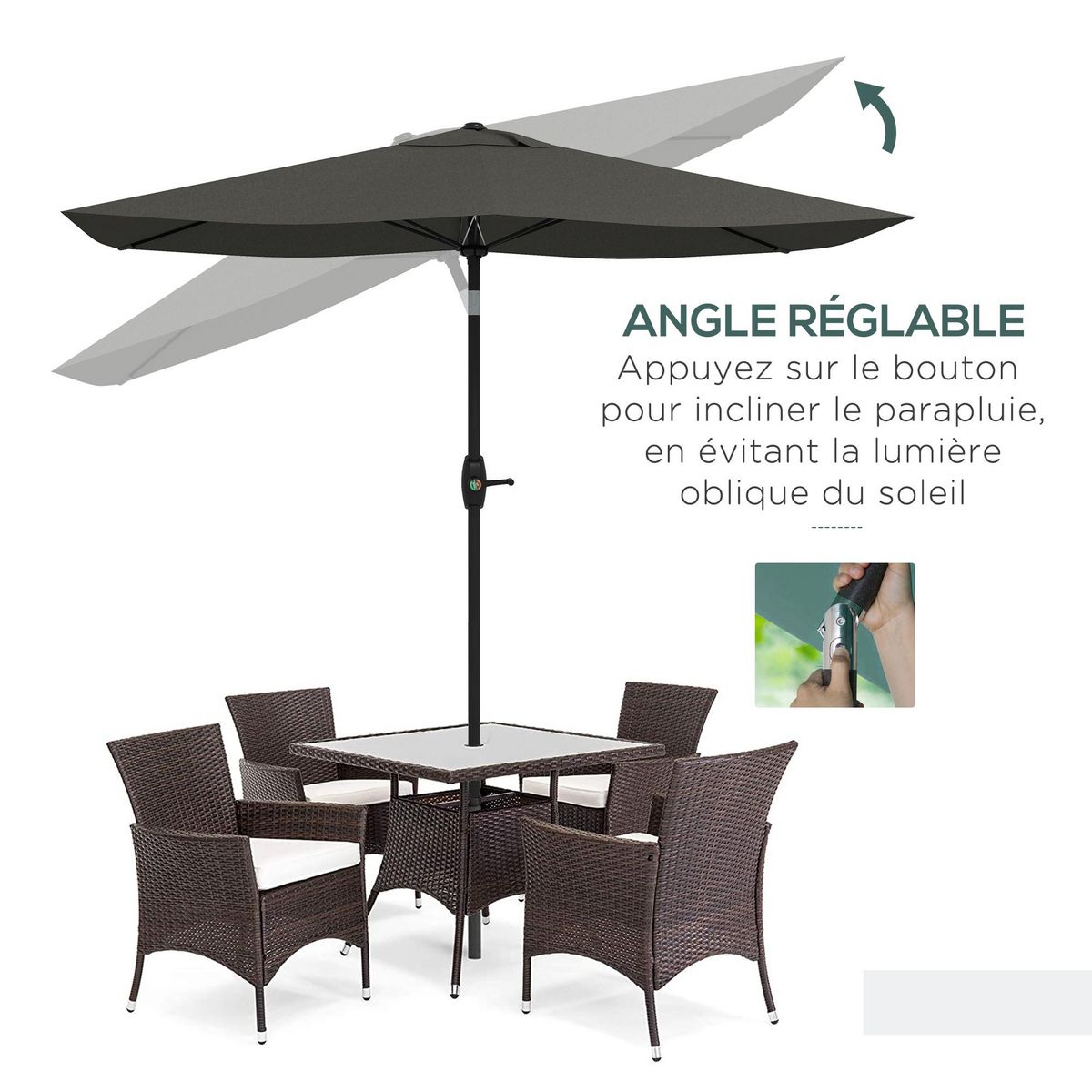OUTSUNNY Parasol rectangulaire inclinable de jardin avec manivelle métal polyester haute densité anti UV 50+ gris