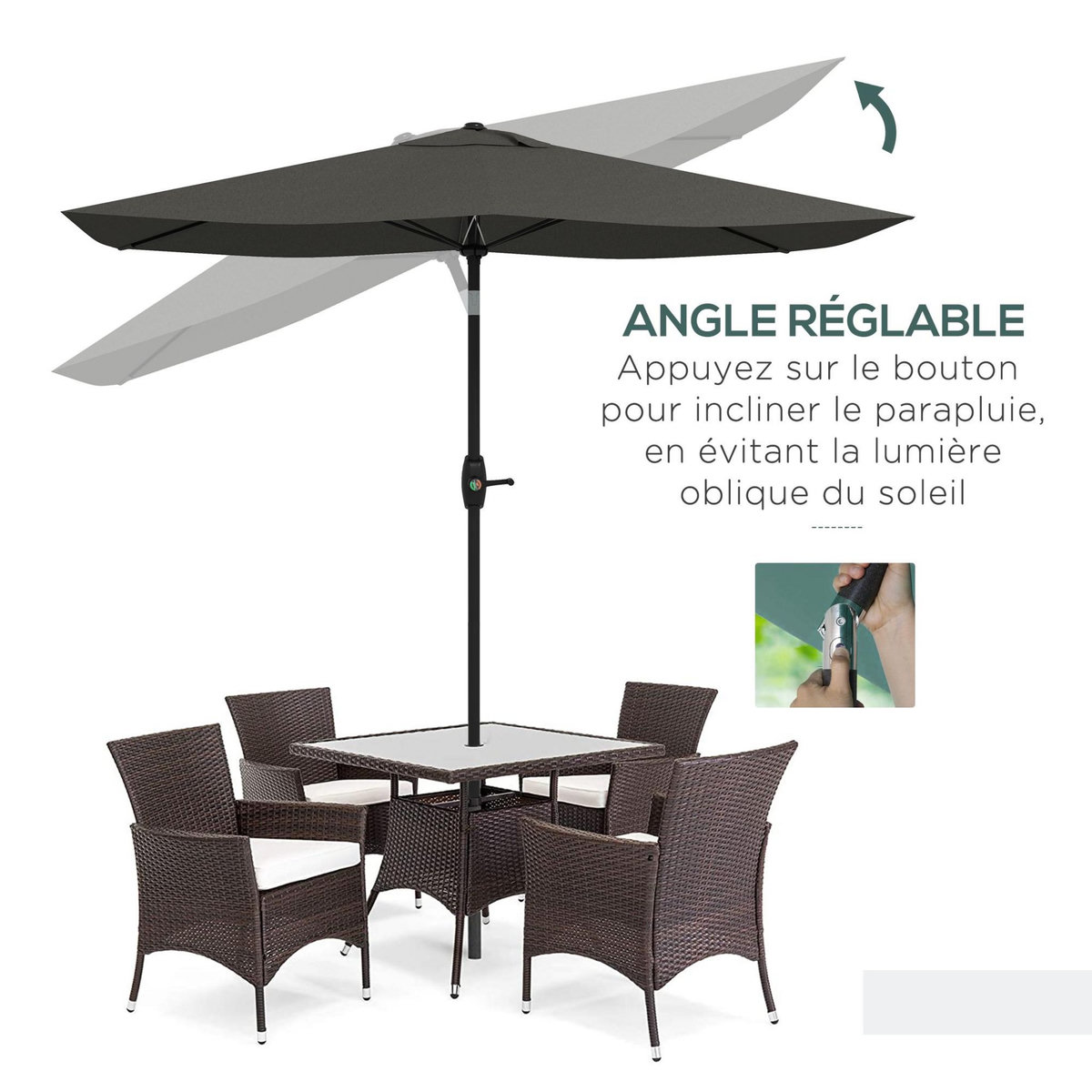 OUTSUNNY Parasol rectangulaire inclinable de jardin avec manivelle métal polyester haute densité anti UV 50+ gris