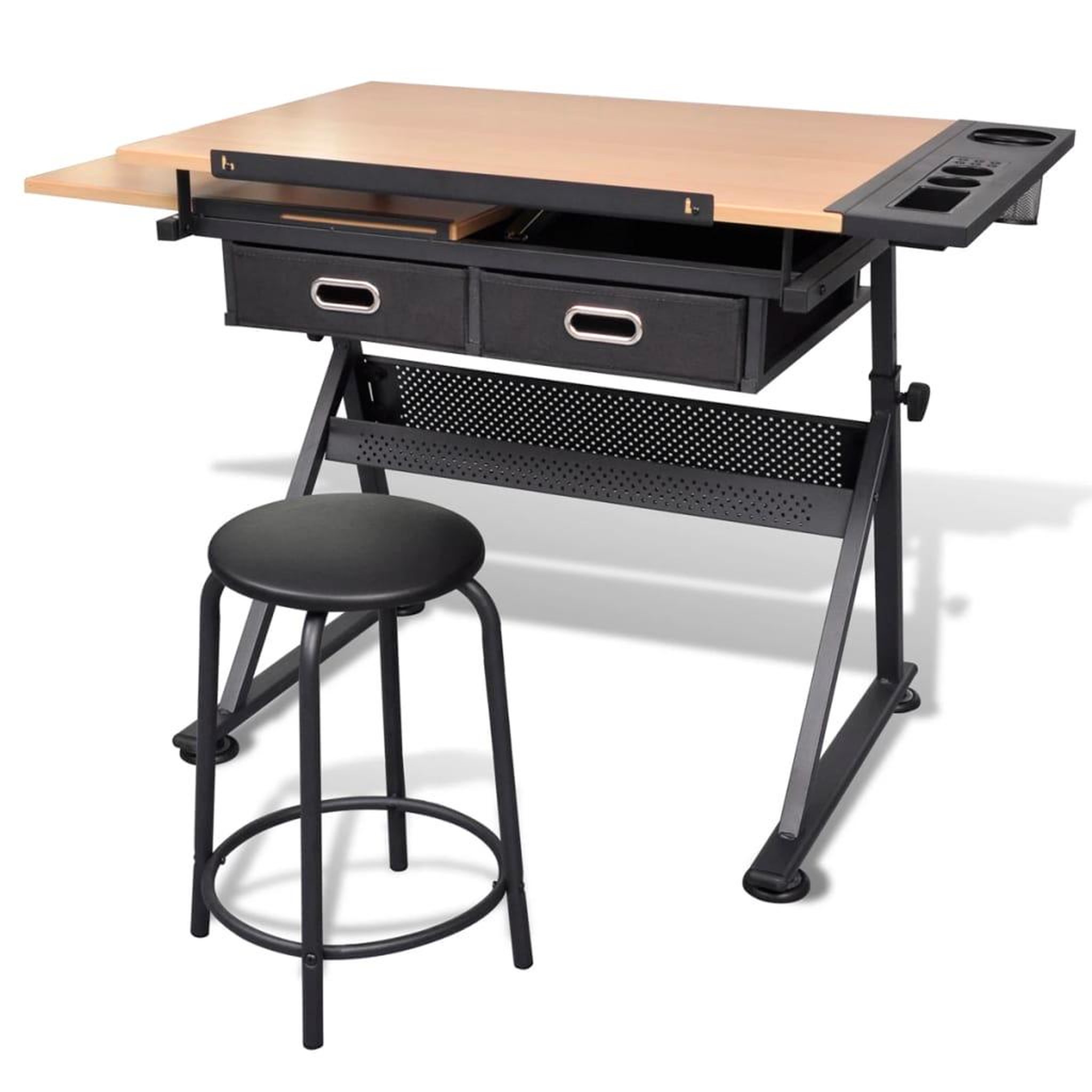 Voir la diapositive 3 : VIDAXL Table a dessin inclinable 2 tiroirs et tabouret