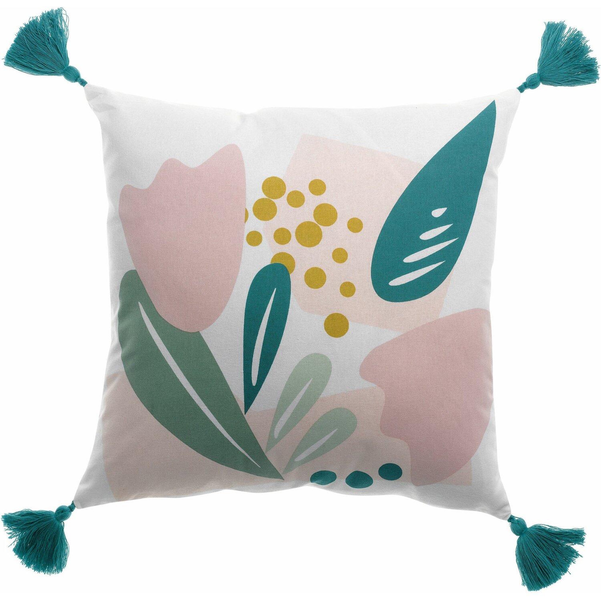 Voir la diapositive 4 : Les Ateliers du Linge Coussin alma imprime reversible dehoussable avec pompons