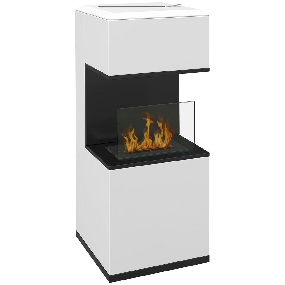 HOMCOM Cheminée bioéthanol design - brûleur 1,2L - contrôle de flamme, manche inclus - verre trempé acier blanc noir