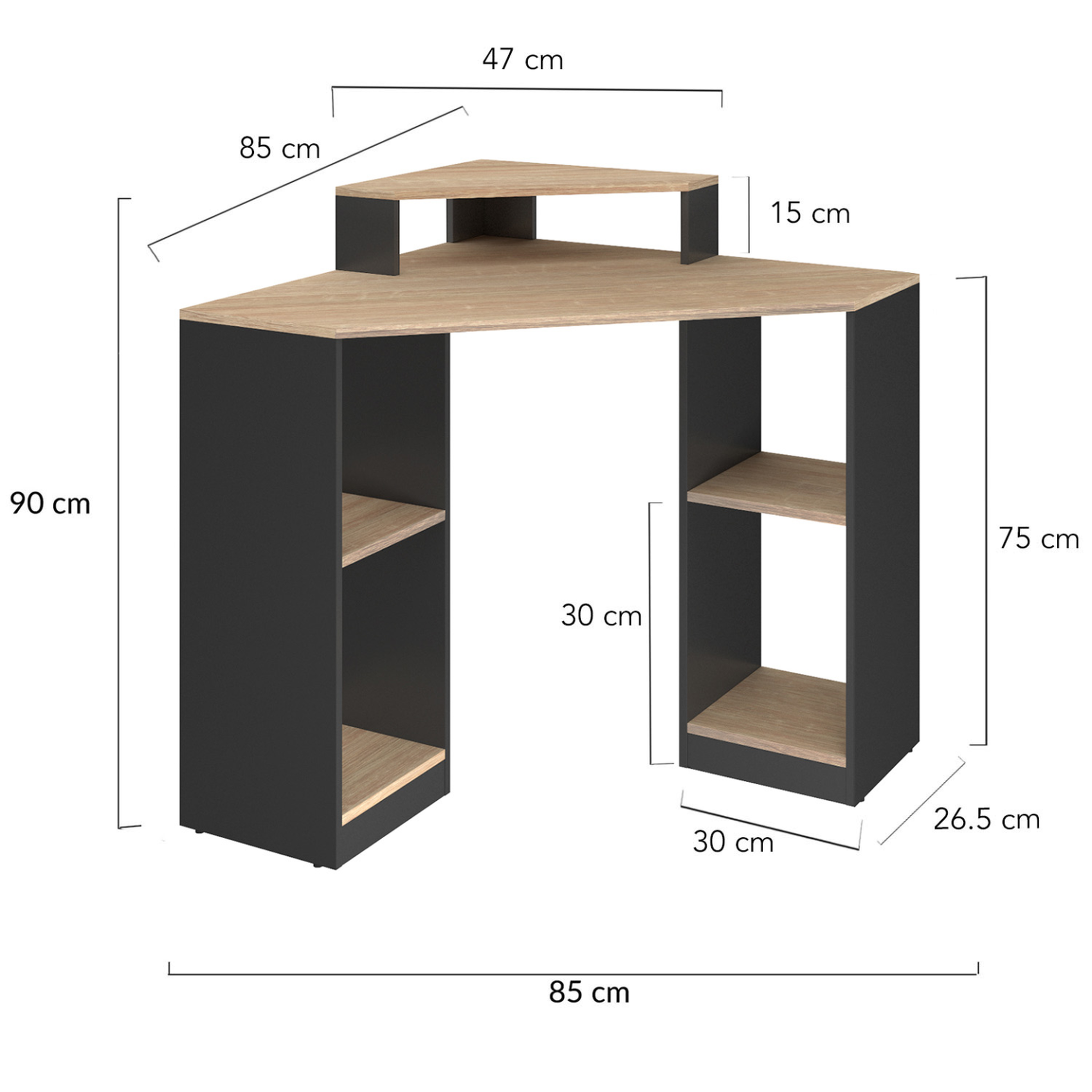 Voir la diapositive 4 : ID MARKET Bureau d'angle harry noir et façon hêtre gain de place bureau informatique avec rangements