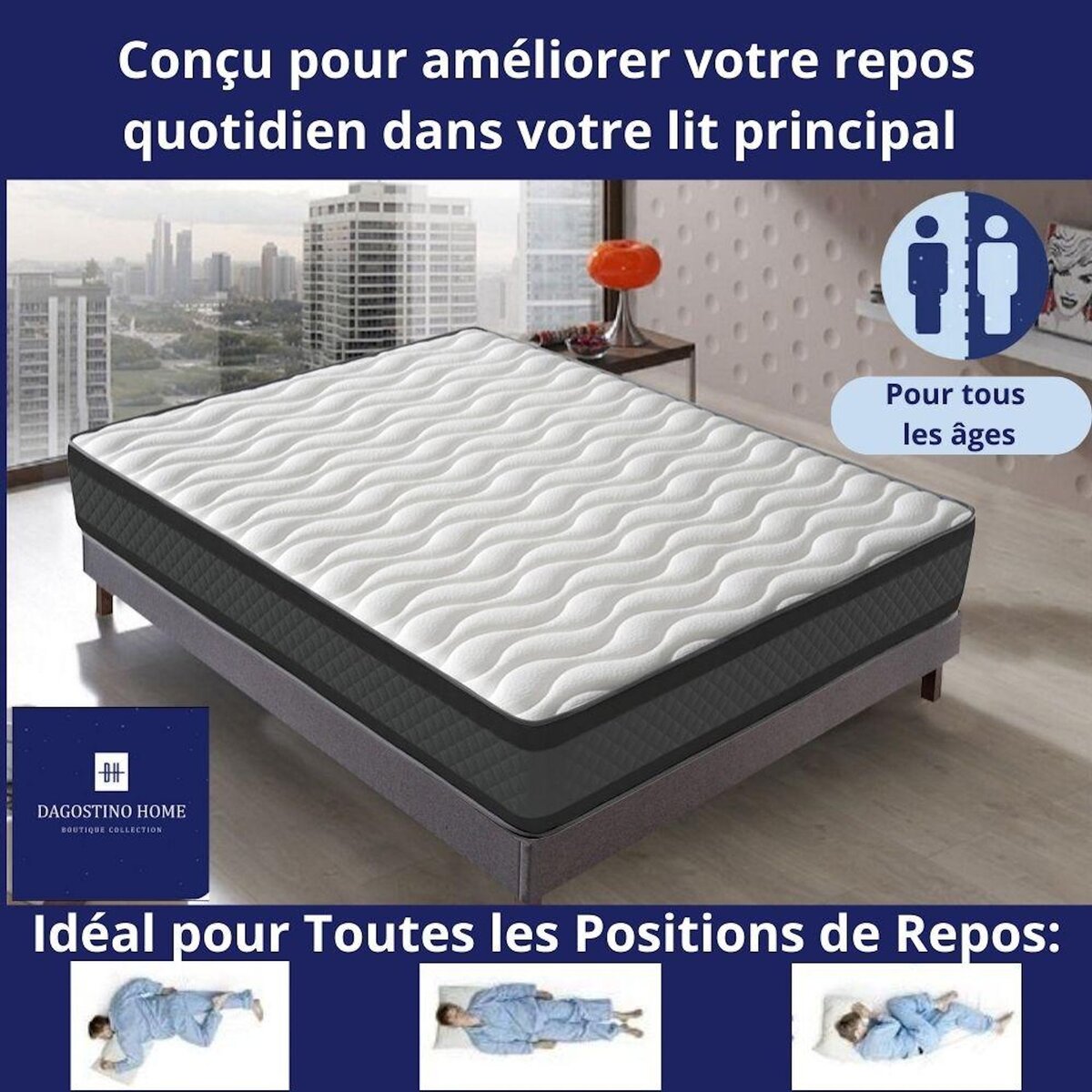 DAGOSTINO HOME Matelas 80x190 Mousse HR  Luxe Confort  Extra Ferme | Double Face (Été-Hiver) | Soutien Équilibré, Parfait et Tonique | H20cm