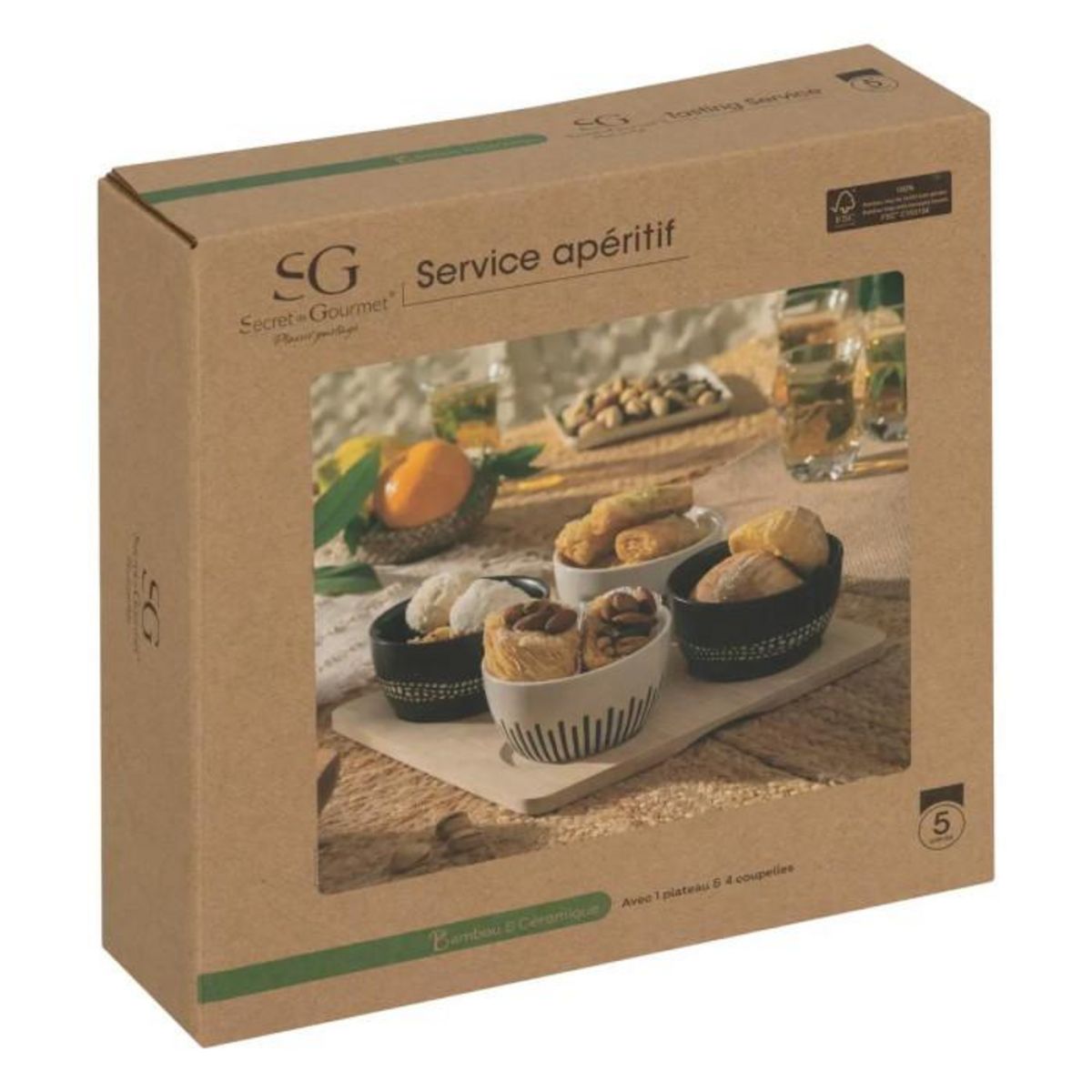 SECRET DE GOURMET Service Apéritif 5 Pièces  Ethnique  23cm Noir & Blanc
