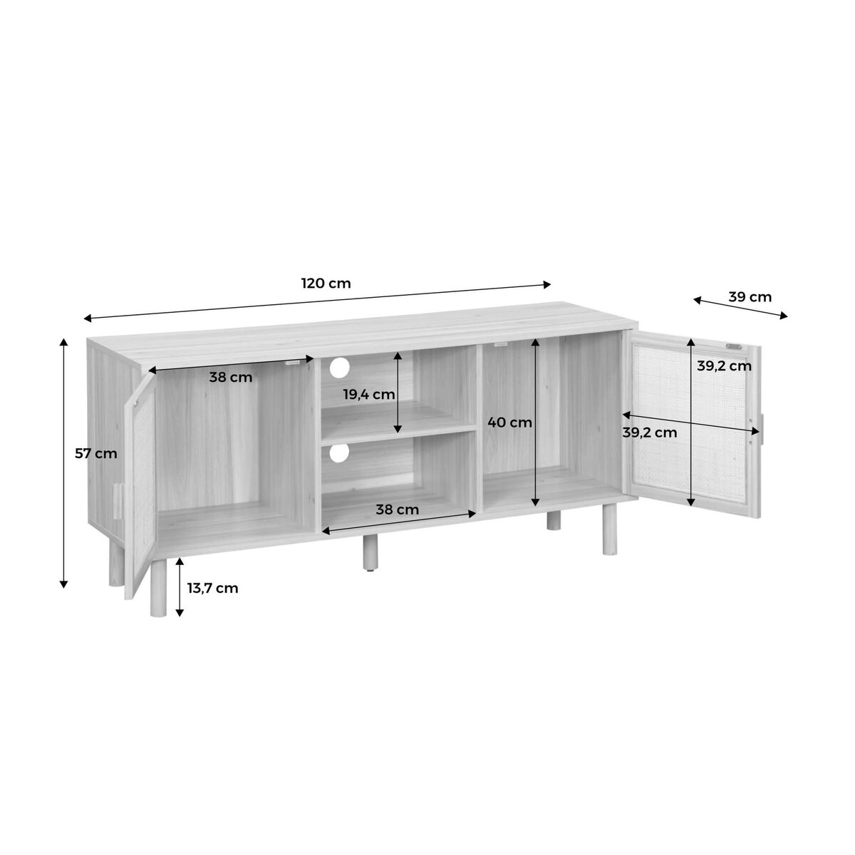 SWEEEK Meuble TV cannage et effet bois. 2 portes et 1 étagère. 120cm