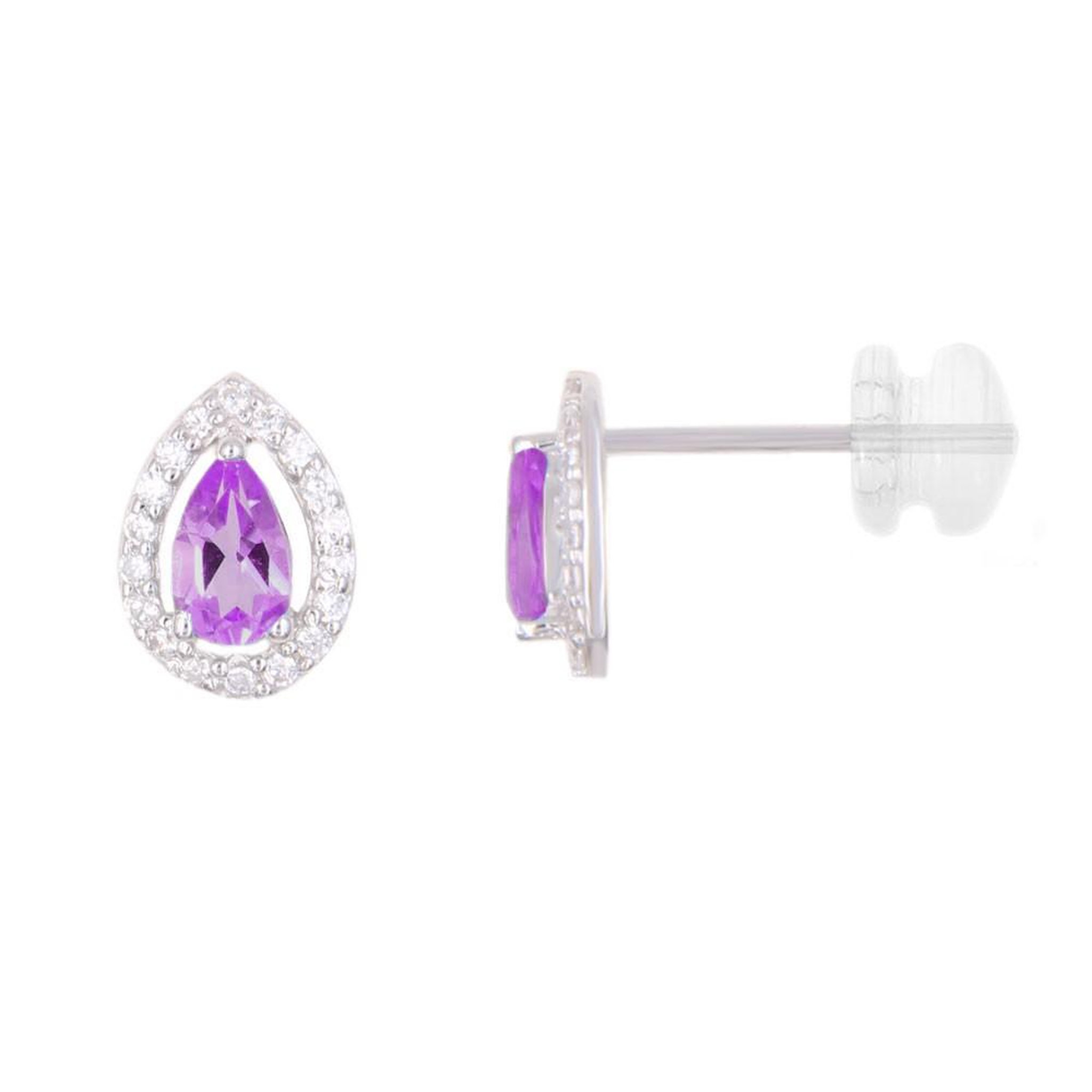L'ATELIER D'AZUR Boucles d'Oreilles Or Blanc Améthystes Goutte et Zirconiums