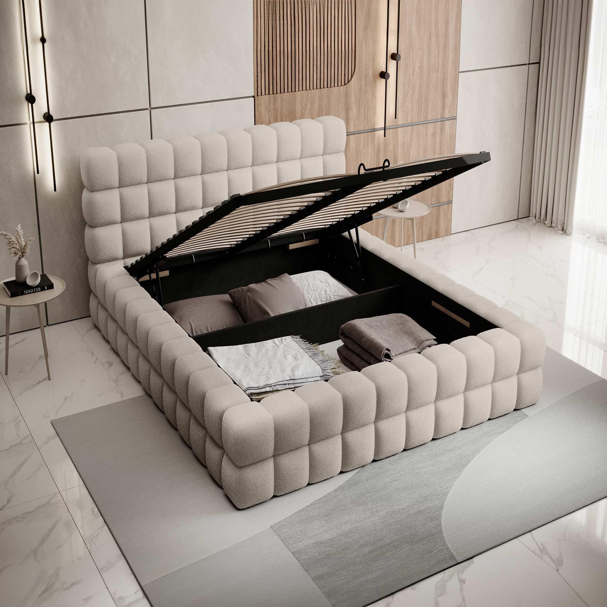 Voir la diapositive 2 : BEST MOBILIER Kingston - lit coffre - 160x200 - sommier inclus - en tissu bouclette