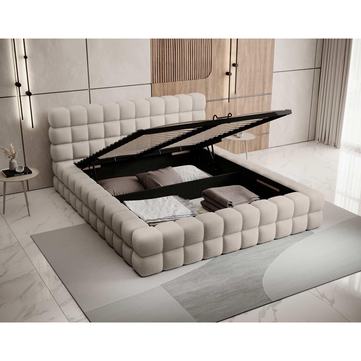 BEST MOBILIER Kingston - lit coffre - 160x200 - sommier inclus - en tissu bouclette