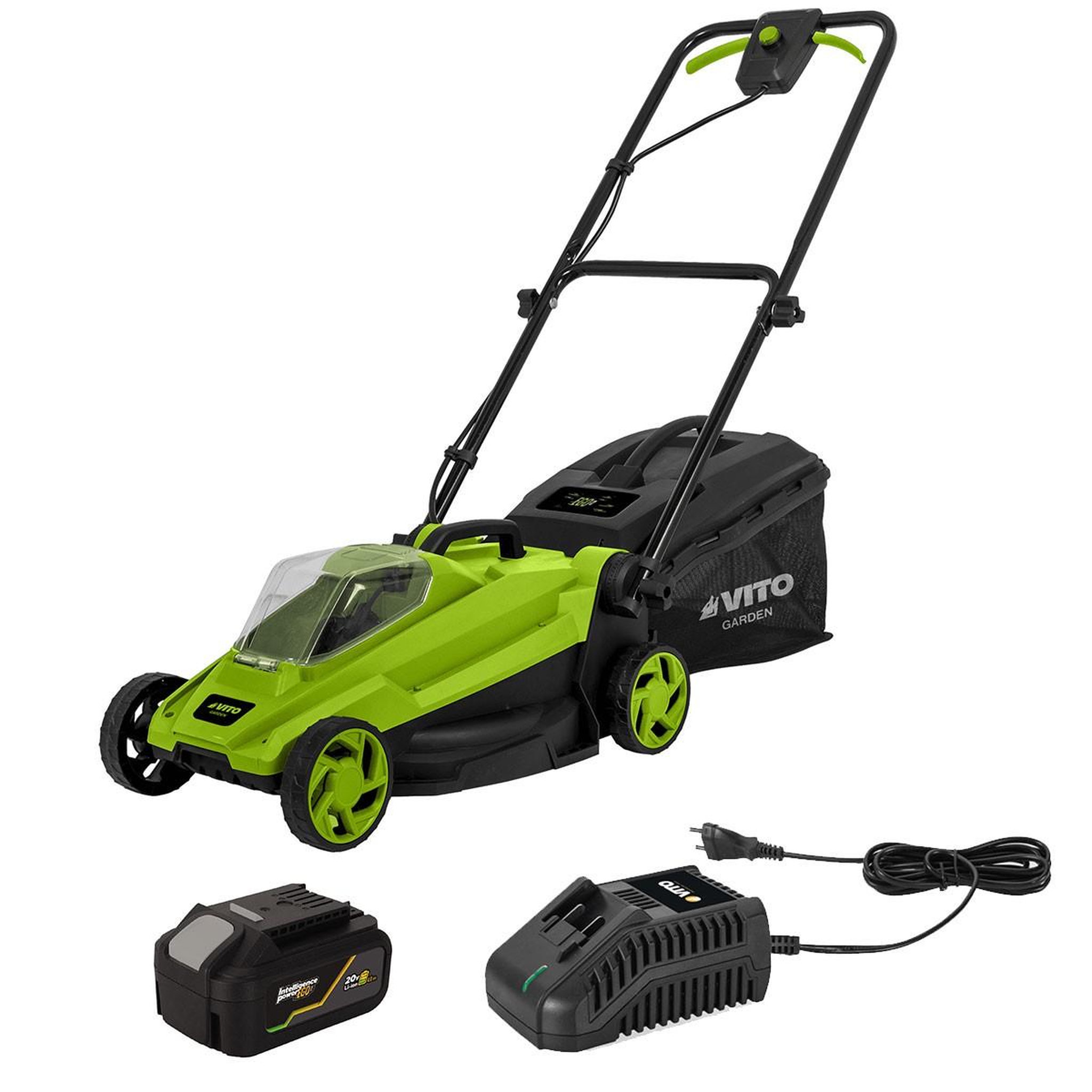 VITO Tondeuse à gazon 20V Batterie lithium 4.0Ah Largeur de coupe 32 cm Bac 30L + Chargeur Gazon 300m2 VITO