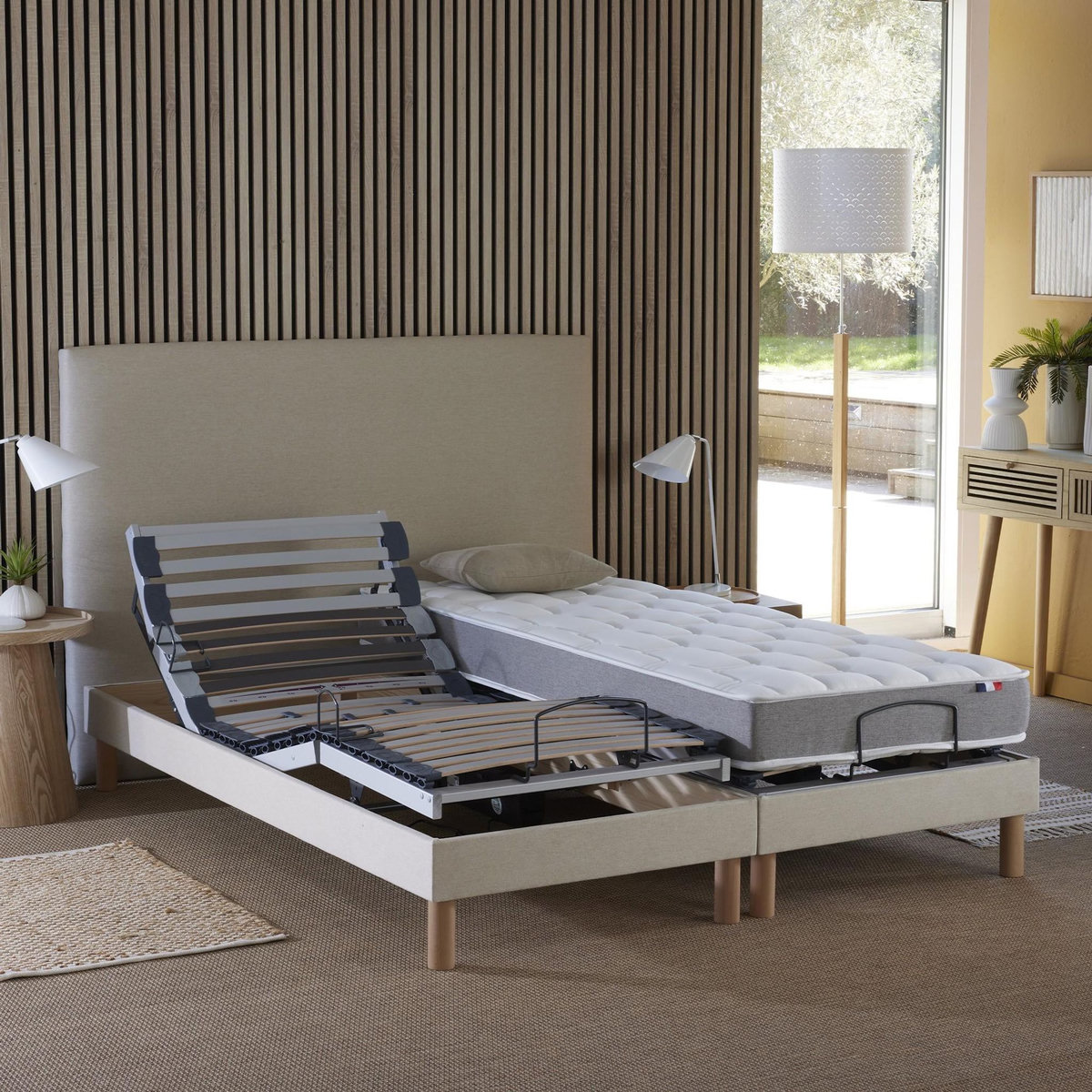 IDLITERIE Ensemble lit électrique relaxation multi lattes + Matelas Mousse à mémoire de forme Couleur - Beige, - 2x70 x 190 cm