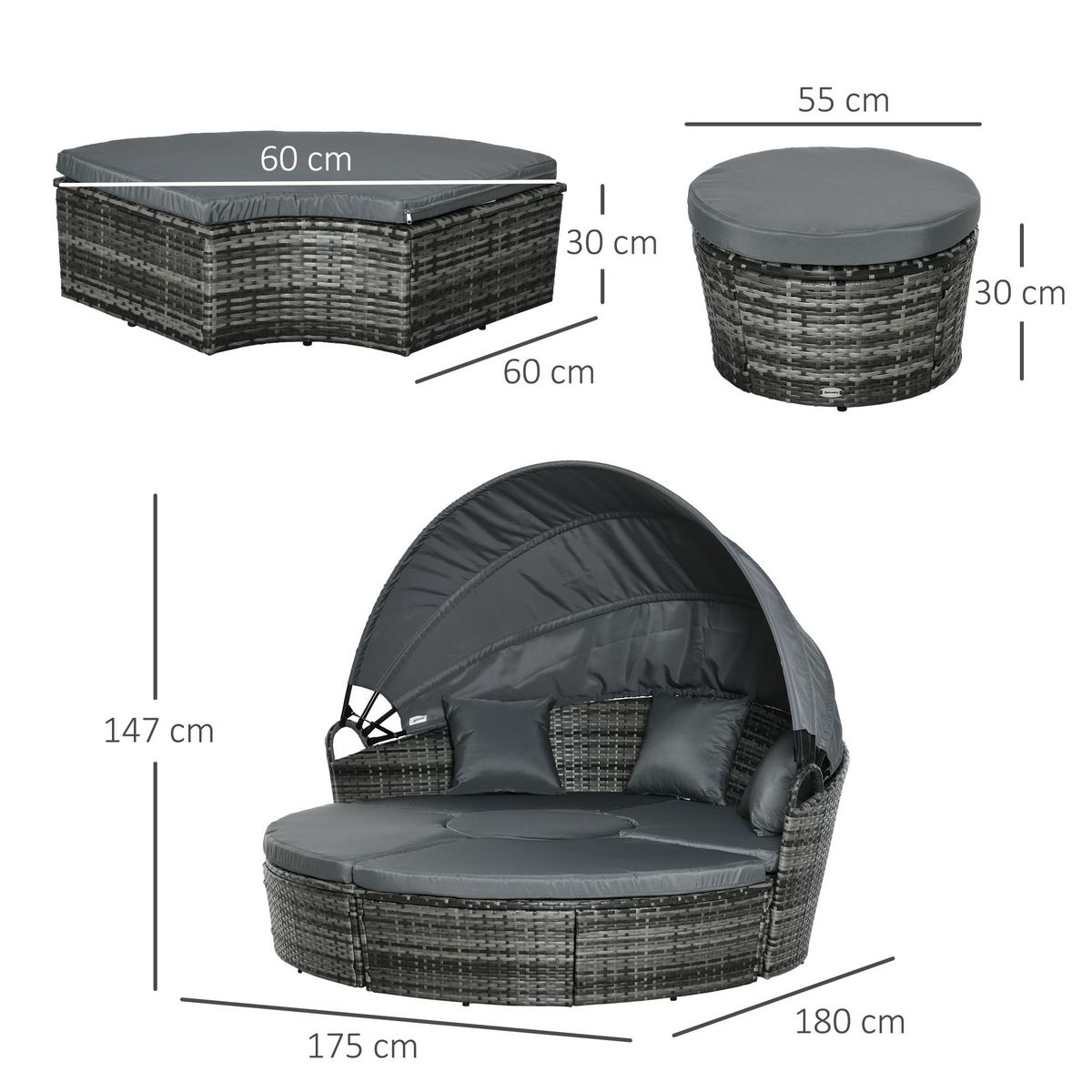 OUTSUNNY Lit canapé de jardin modulable grand confort pare-soleil pliable 5 coussins 3 oreillers 180L x 175l x 147H cm résine tressée polyester gris