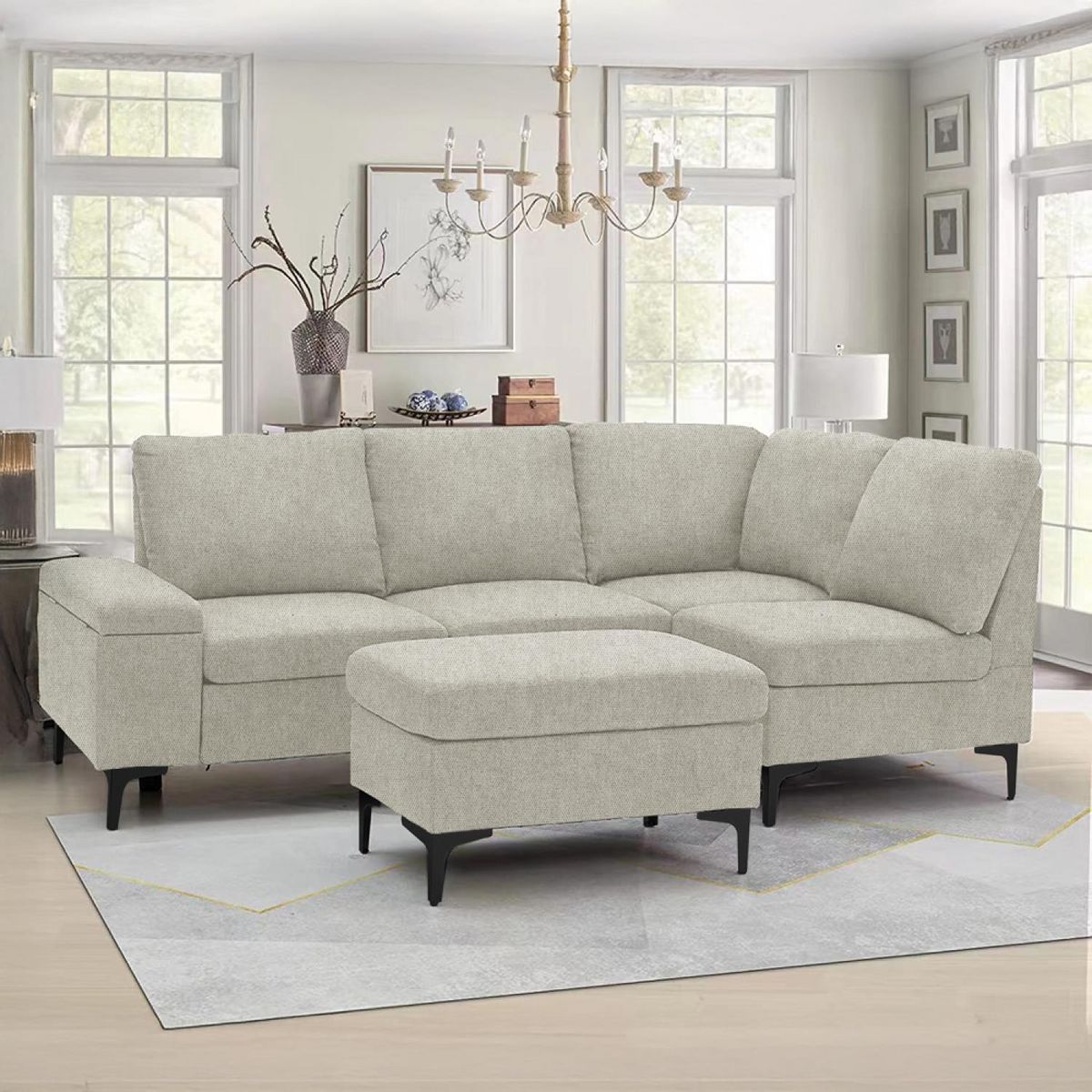 CONCEPT USINE Canapé d'angle 4-5 places en tissu chenille beige avec pouf COLCHESTER