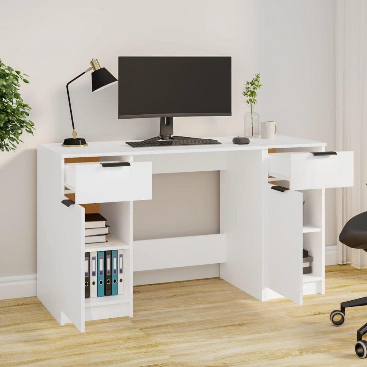 VIDAXL Bureau avec armoire laterale Blanc Bois d'ingenierie