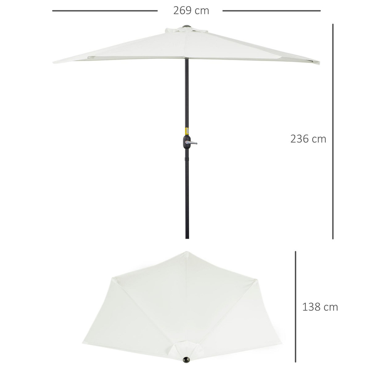 OUTSUNNY Demi parasol, parasol de balcon 5 entretoises métal polyester 2,69L x 1,38l x 2,36H m crème