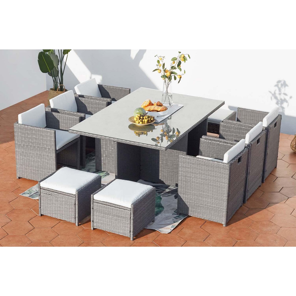 CONCEPT USINE Table et chaises 10 places encastrables résine gris-blanc MIAMI