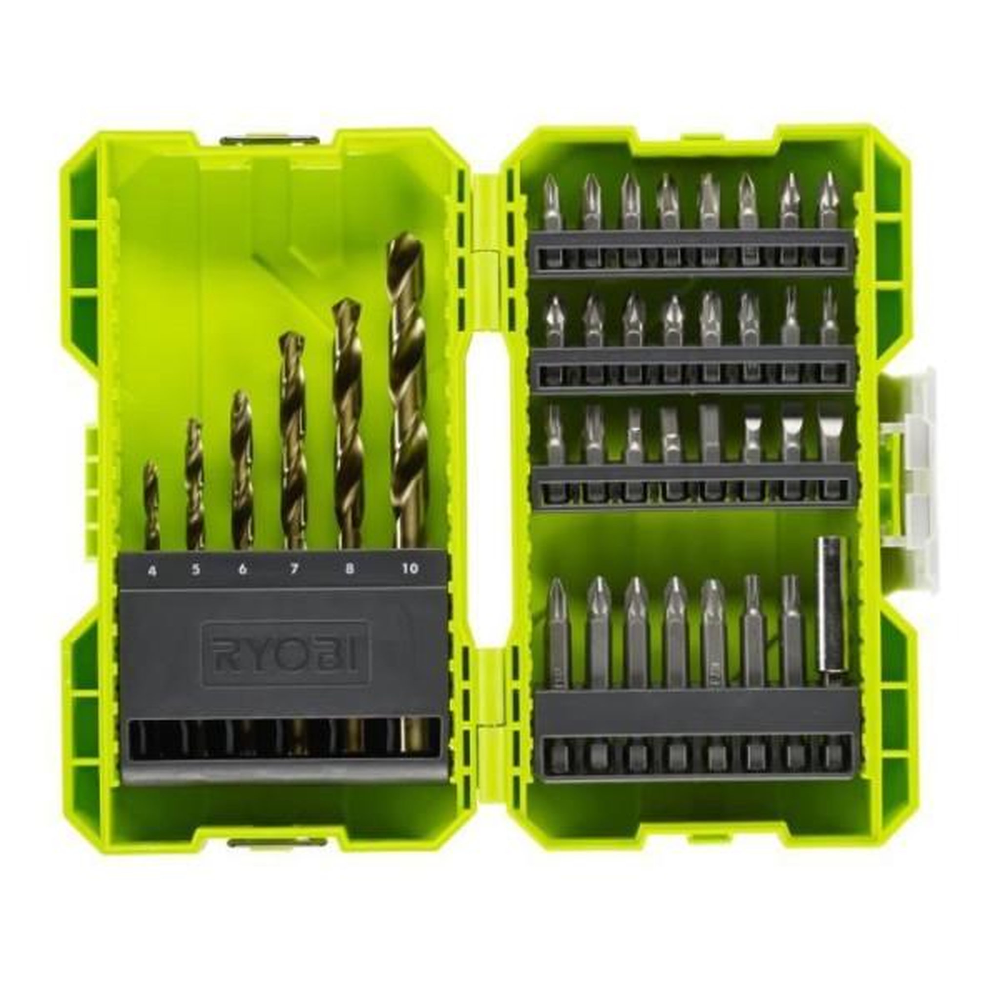 Voir la diapositive 2 : Ryobi Ryobi - coffret empilable 38 accessoires mixtes perçage - vissage : 6 forets hss + embouts & 1 porte-embout - rak38sdd