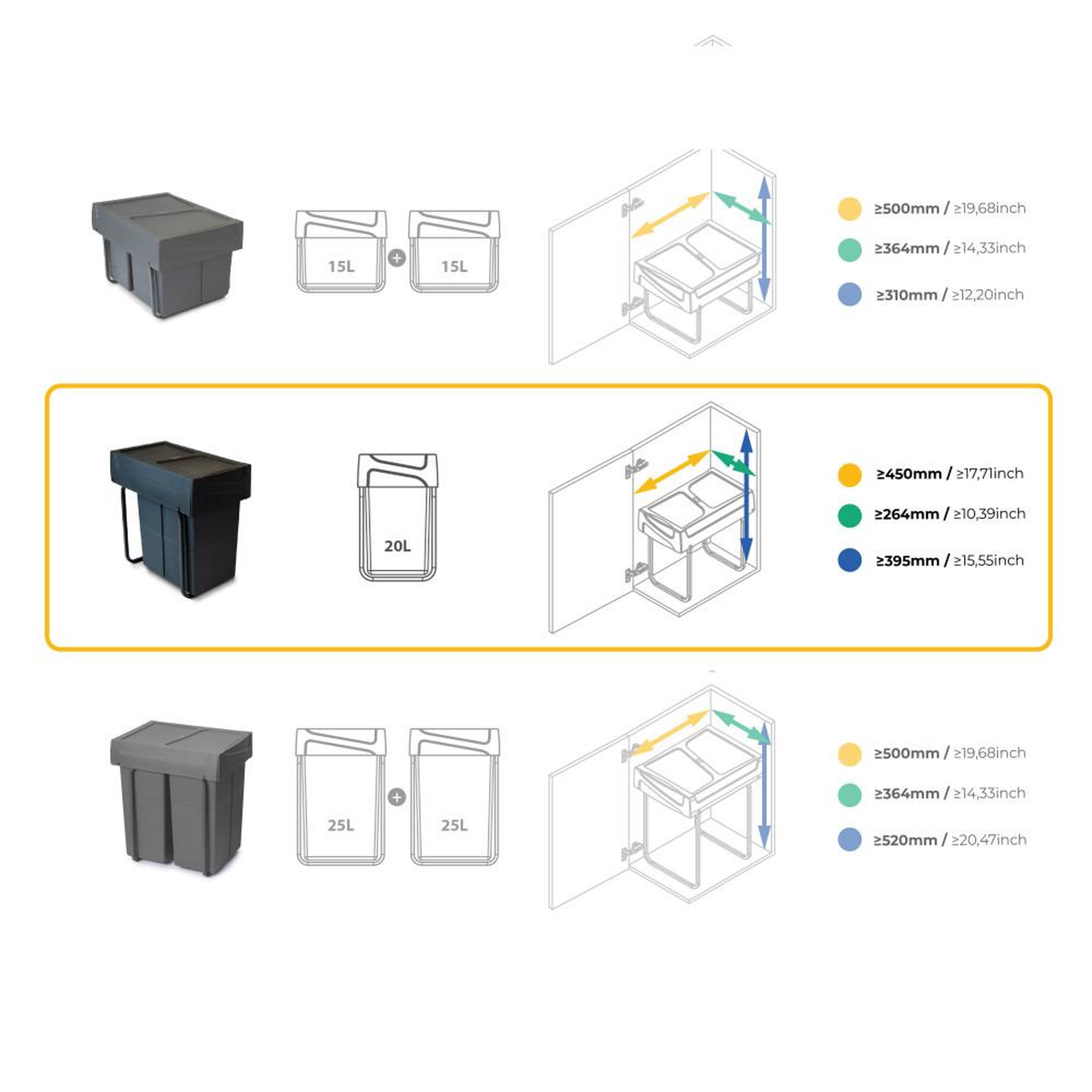 Voir la diapositive 6 : EMUCA SRL Emuca recycle bac de recyclage sous plan 2 compartiments 20 l, extraction manuelle, montage inférieur, noir acier et plastique