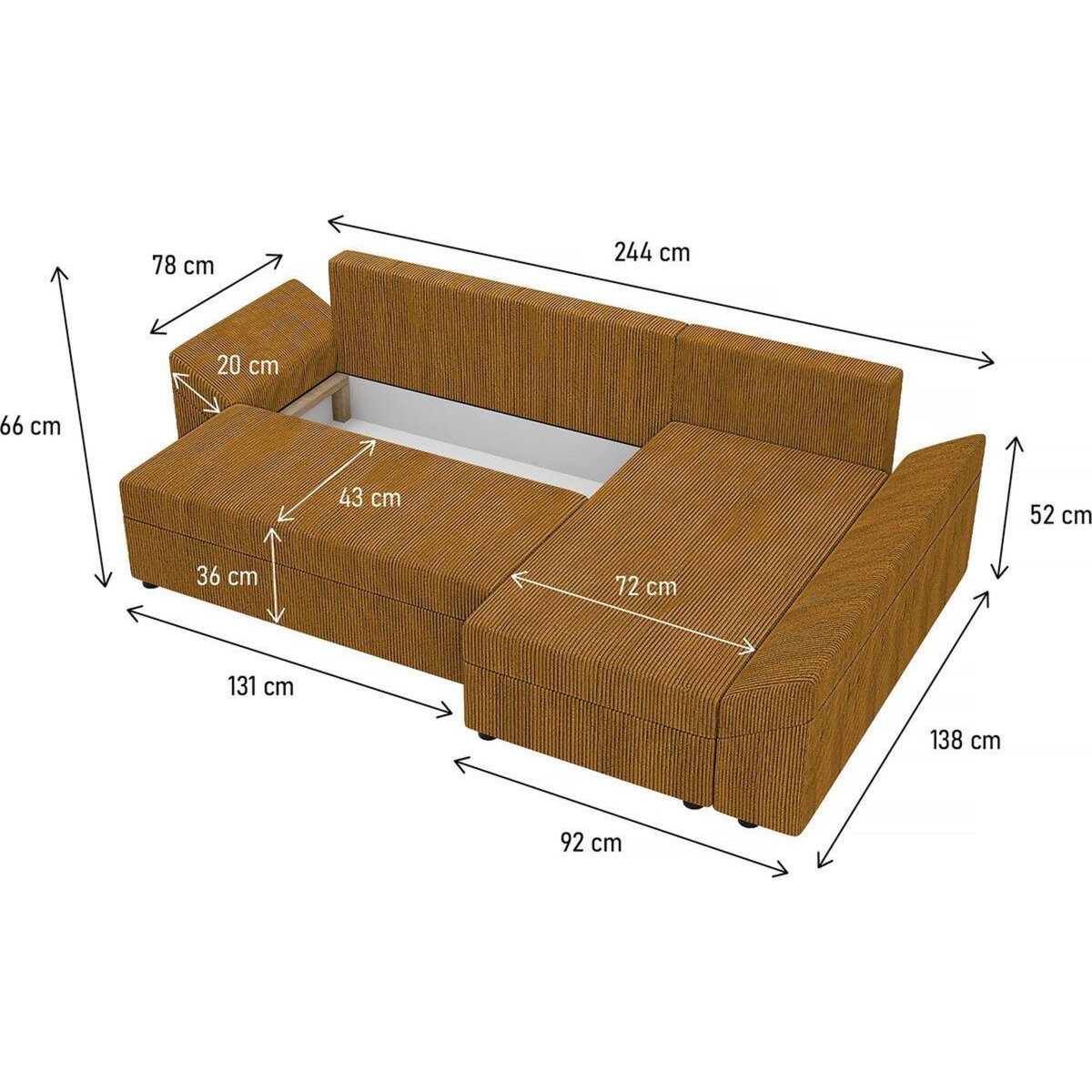 Habitat et Jardin Canapé d'angle convertible avec coffre  Vaugirard  en velours côtelé - 3 places - Jaune moutarde