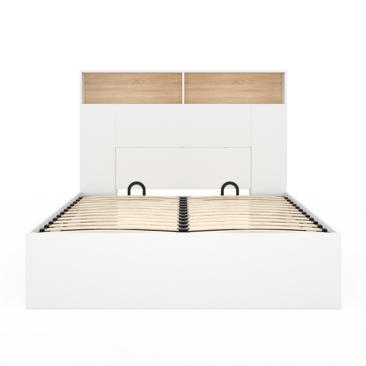 ID MARKET Lit coffre double CLYDE avec tête de lit + rangements et sommier 140 x 190 cm blanc et façon hêtre