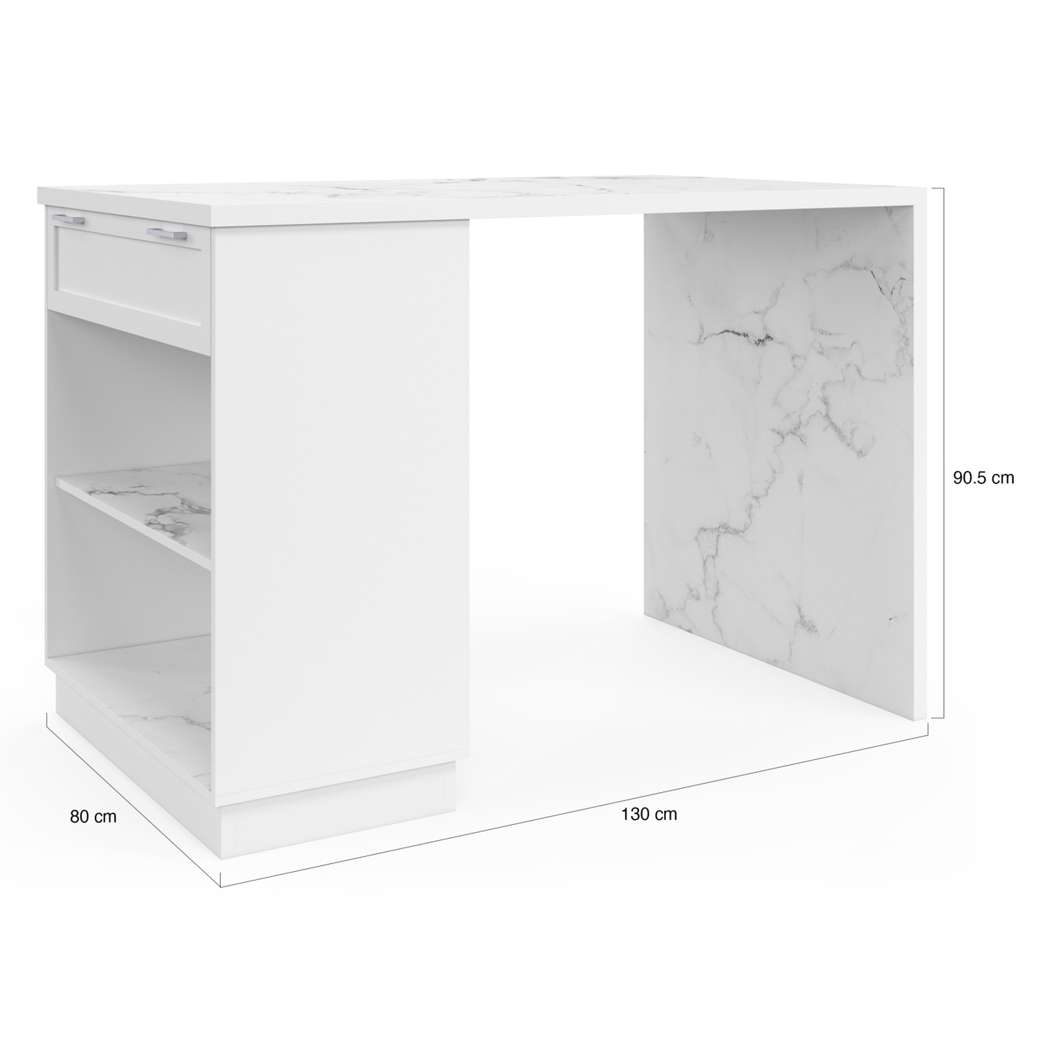 Voir la diapositive 5 : ID MARKET Ilot central mange-debout 4 personnes vito 130 cm blanc et plateau marbre alaska