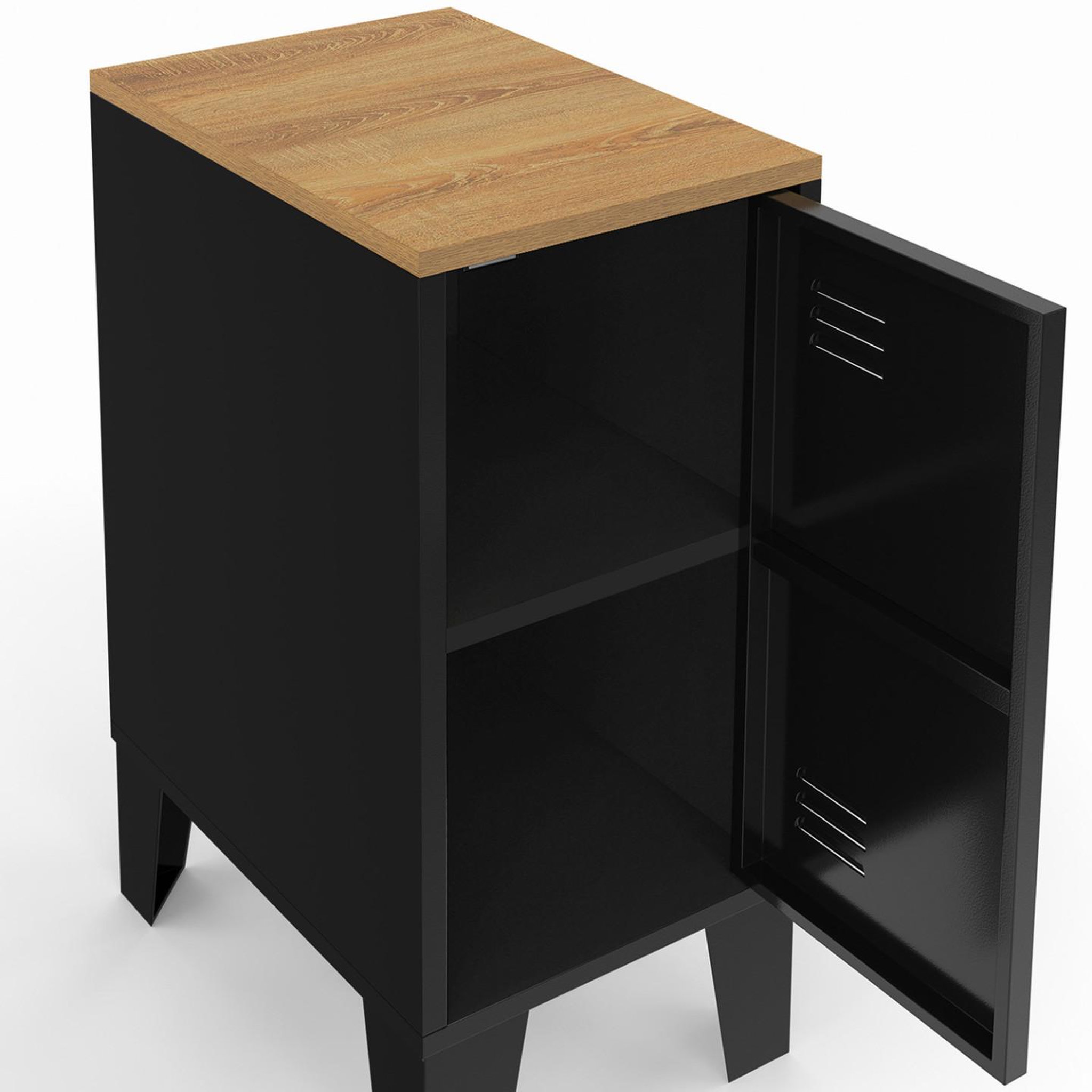 Voir la diapositive 5 : ID MARKET Lot de 2 tables de chevet étroites ester 1 porte métal noir plateau façon hêtre design industriel