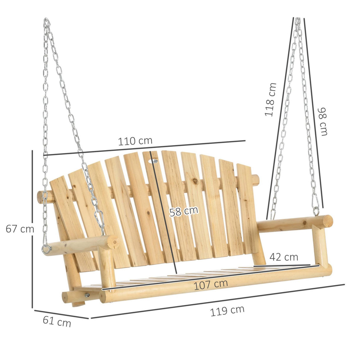 OUTSUNNY Banc suspendu 2 places charge max. 200 Kg - assise dossier à lattes, chaînes incluses - bois