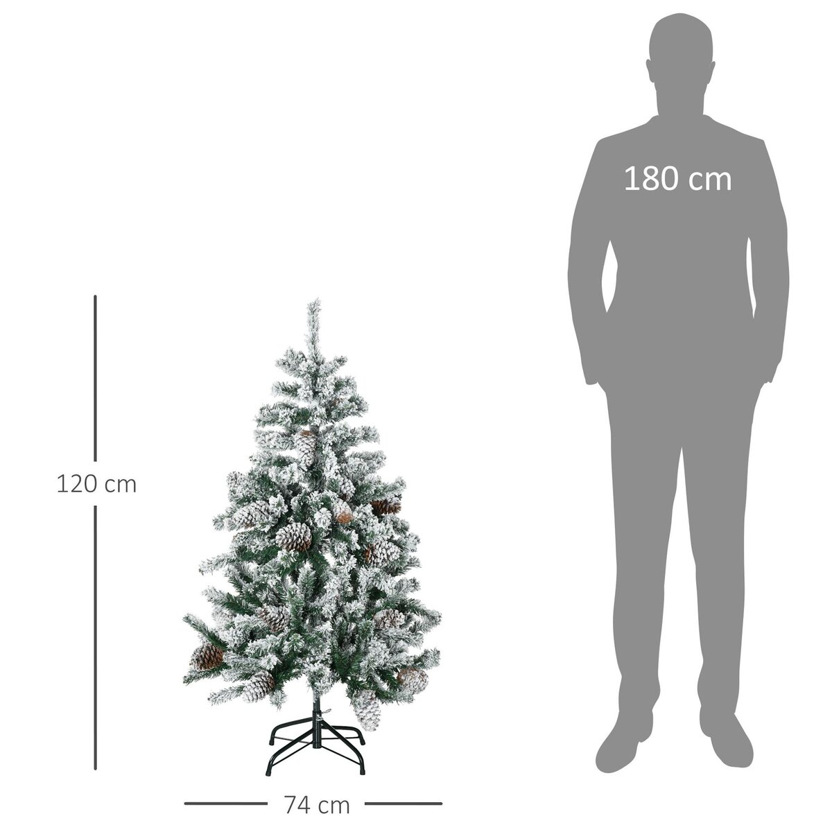 HOMCOM Sapin de Noël artificiel avec 28 pommes de pin arbre de Noël 269 branches enneigées support en acier socle pliable hauteur 120 cm vert